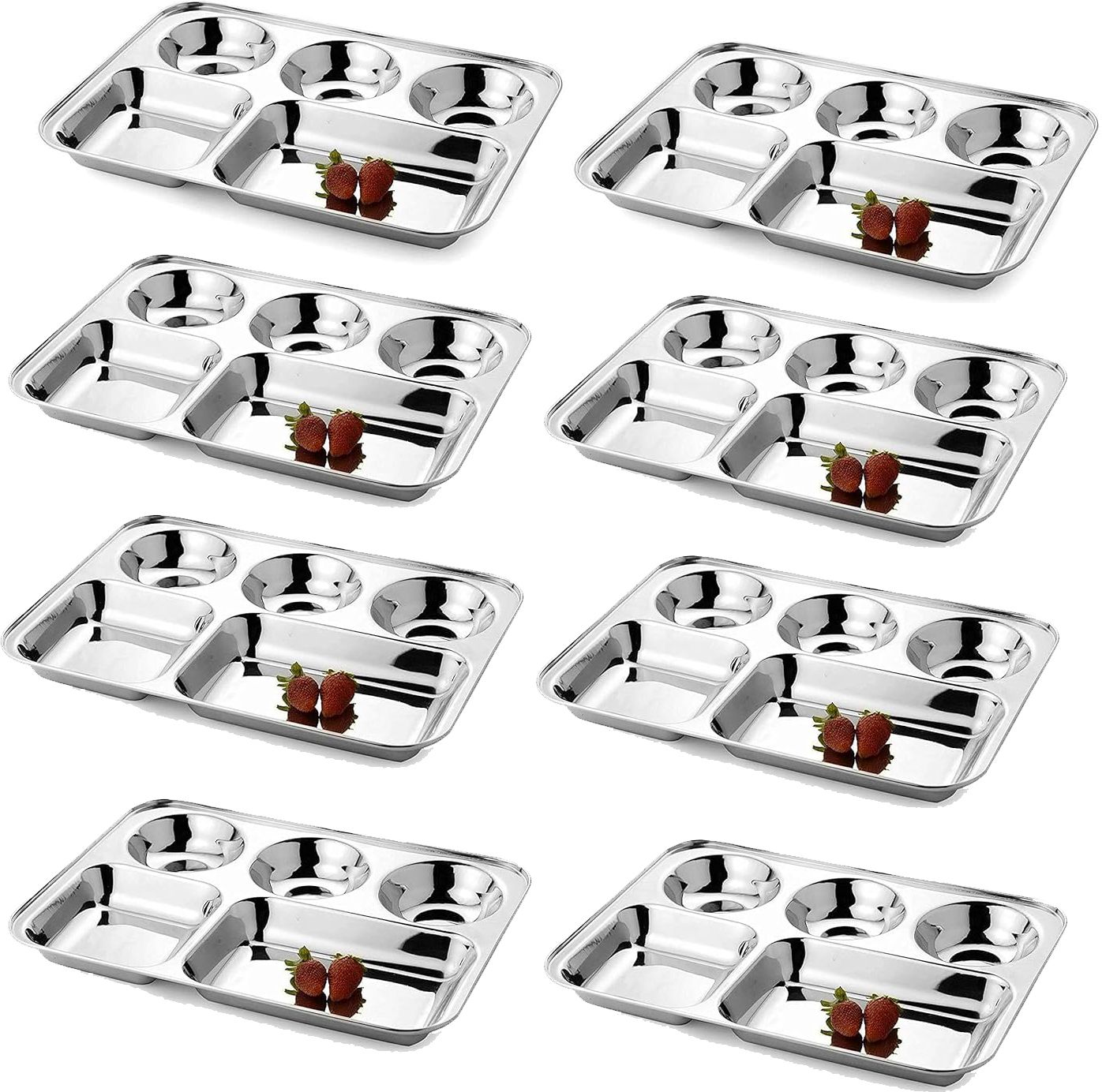 Pack of 8 Stainless Steel Lunch Dinner Plate Thali | 5 Compartments Stainless Steel Divided Mess Dish K1 Dinner Set-image-45
