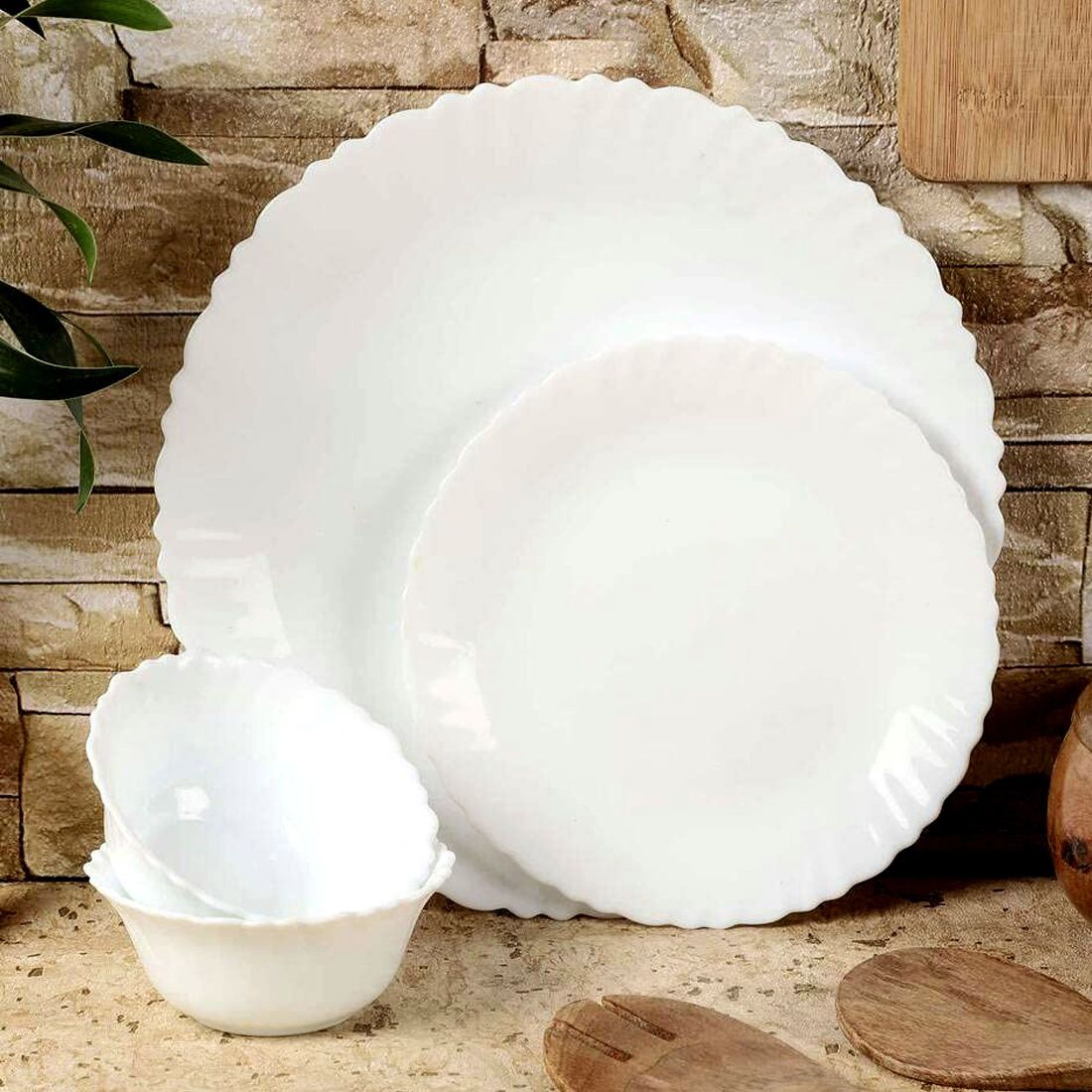 Pack of 18 Opalware Fluted Dinner Set,(Plain, Snow White), OpalGlass Dinner Set-image-12