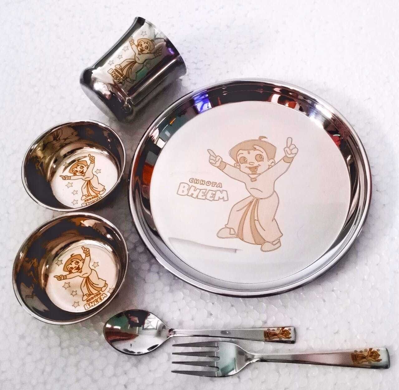 Pack of 6 Steel "The Super Chhota bheem permanent laser print dinner set for kids " Dinner Set-image-41