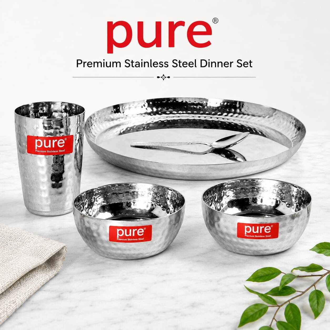 pure Pack of 5 Stainless Steel Hammered Dinner set 1 thali plate 2 Bowls 1 Glass 1 spoon plate Dinner Set-picture-16