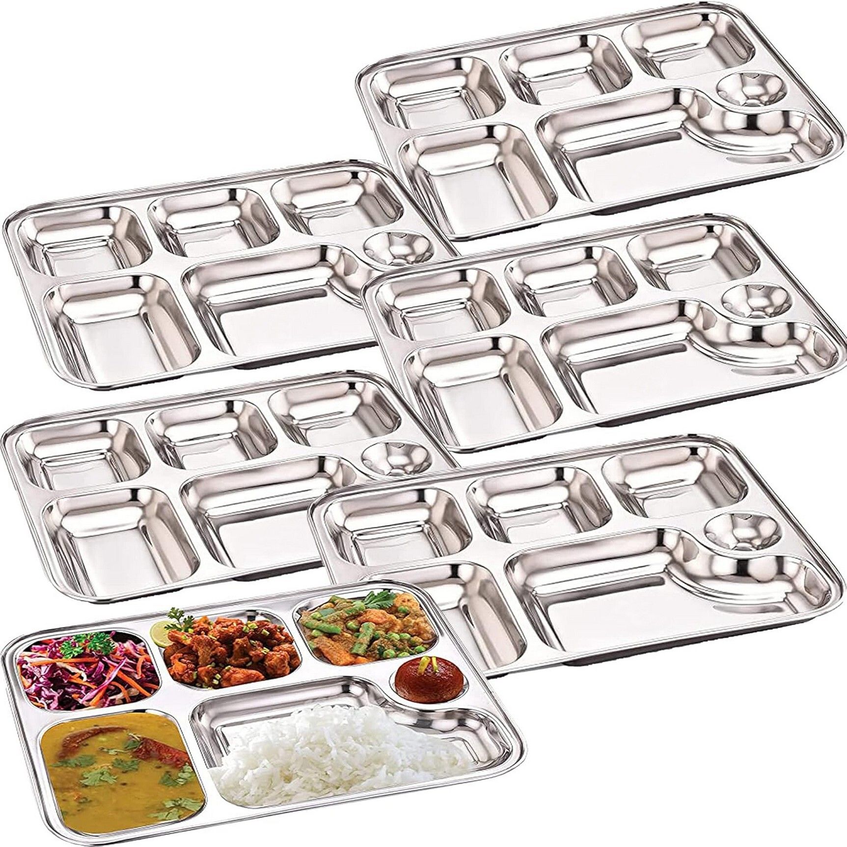 6 in 1 Stainless Steel Plates with Compartments Bhojan Thali Set for Lunch K5 Sectioned Plate-image-19
