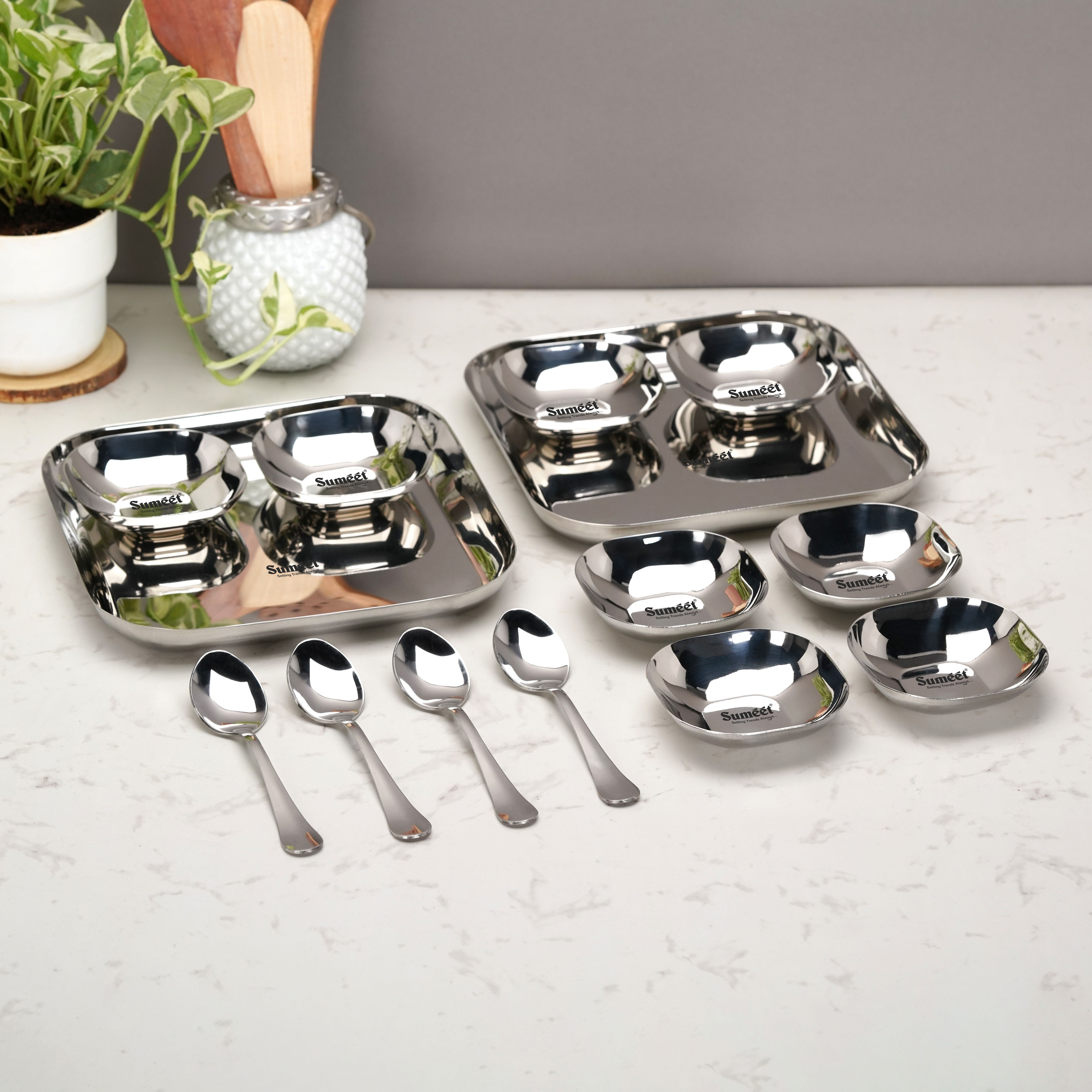 sumeet Pack of 14 Stainless Steel Stainless Steel Square Shape Medium Size Snack Serve / Namkeen Set of 14PC Dinner Set-picture-36