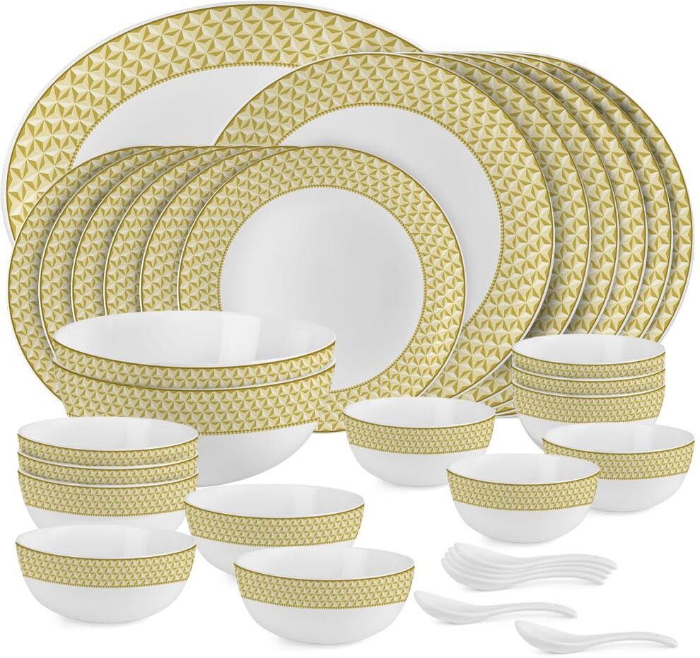 cello Pack of 33 Opalware Divine Golden Pyramids 33Pcs Dinner Set-picture-37