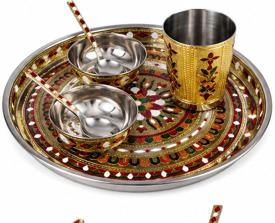 Steel Bhog Thali Meenakari Pooja Thali Set. Designed Dinner Set-image-36