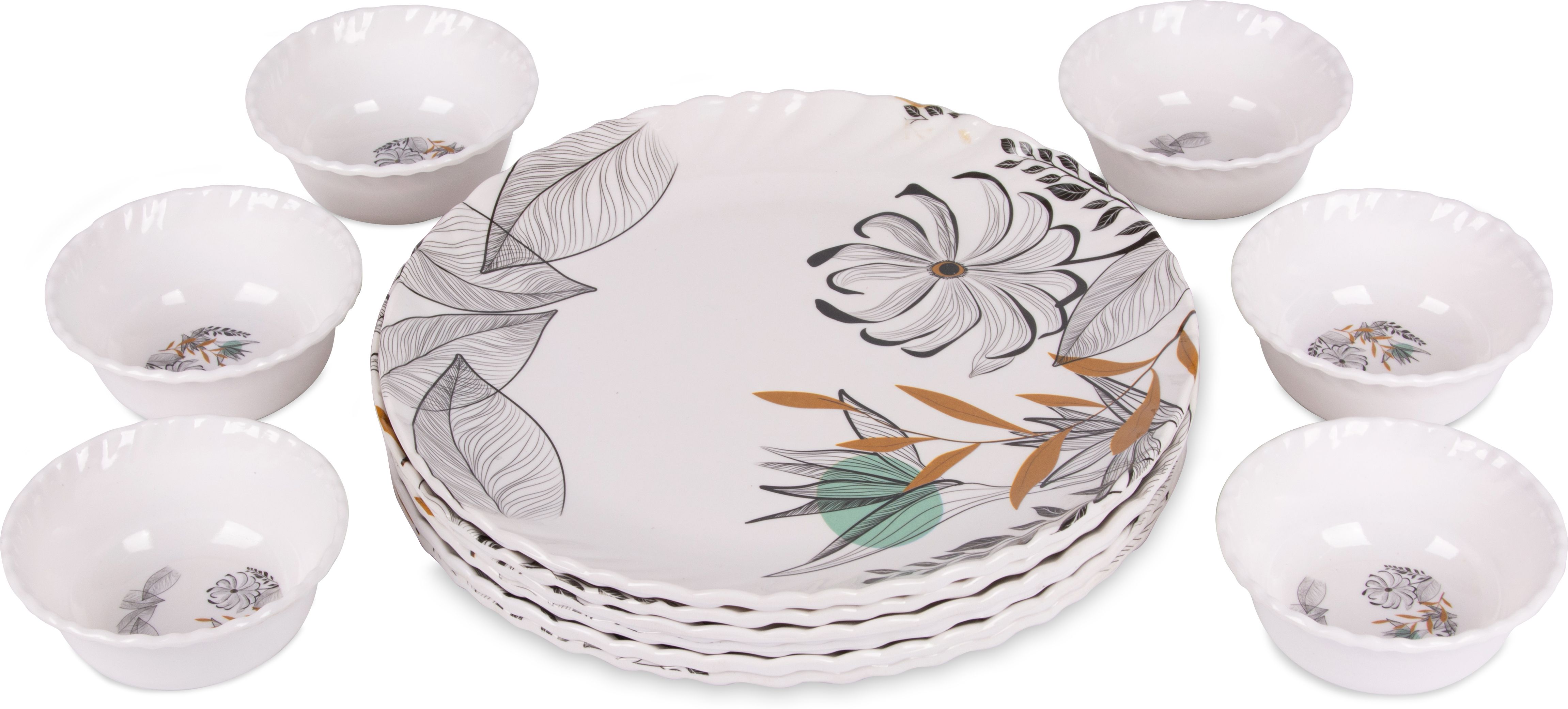 Melamin Royal Lehar 106 Unique Black Flower Design 6pcs Full Plates & 6pcs Bowl Dinner Set-image-43