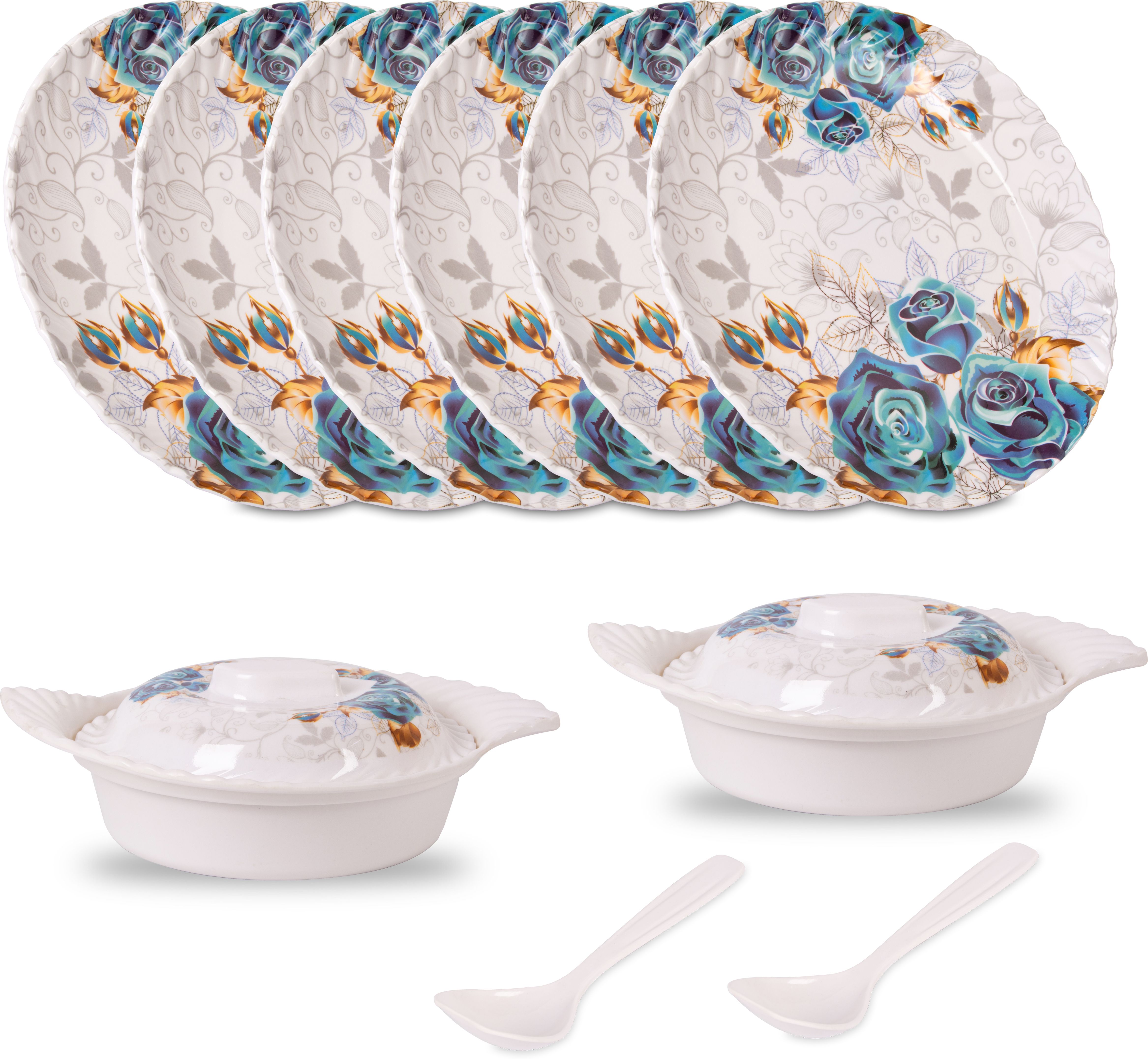 Pack of 10 Melamin Royal Rose Print Dinner Set Melamine Full Plate 2 Donga With Lid 2 Serving Spoon Dinner Set-image-41