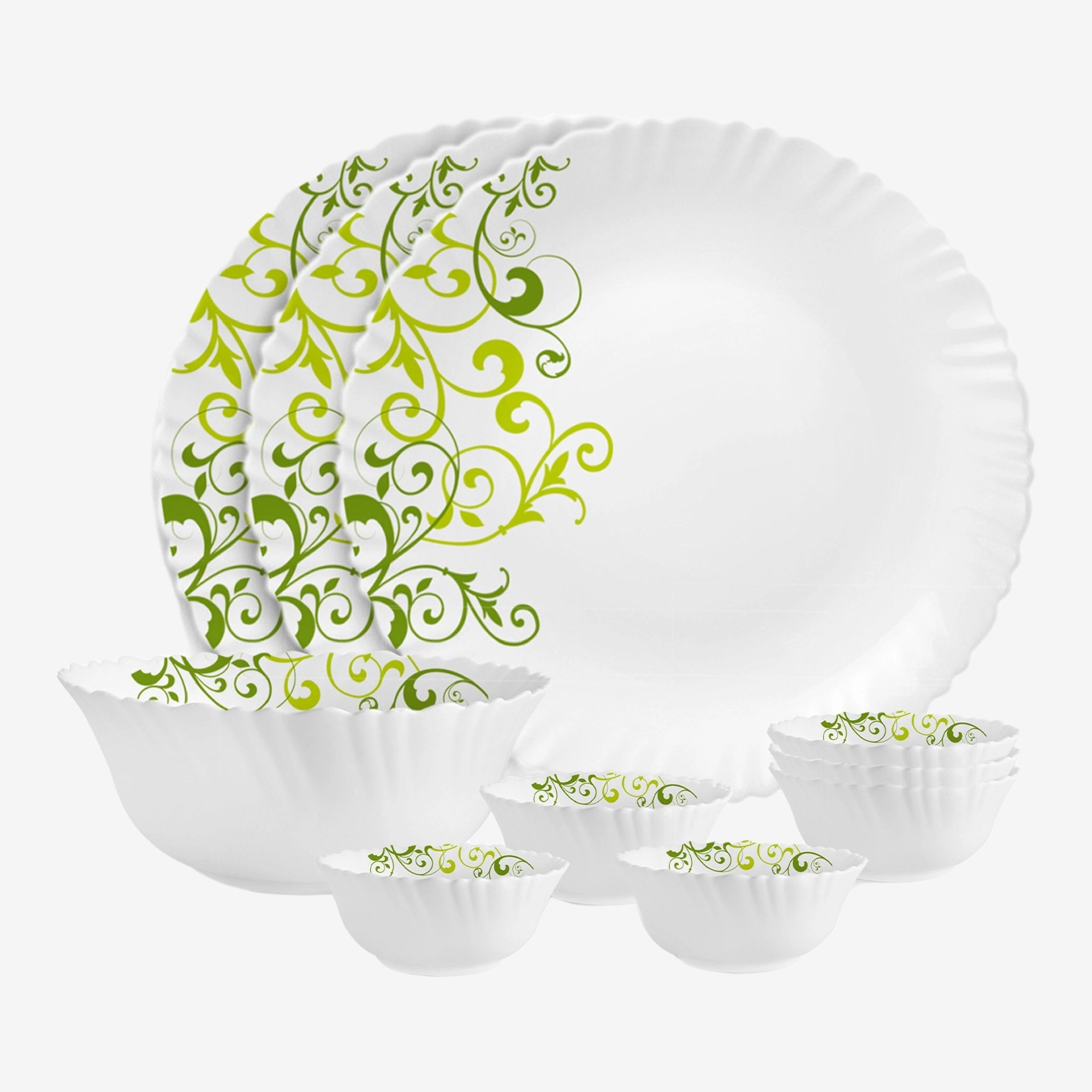 Pack of 10 Opalware Dazzle Opalware Oleander Dinner Set | Crockery Set |Green Dinner Set