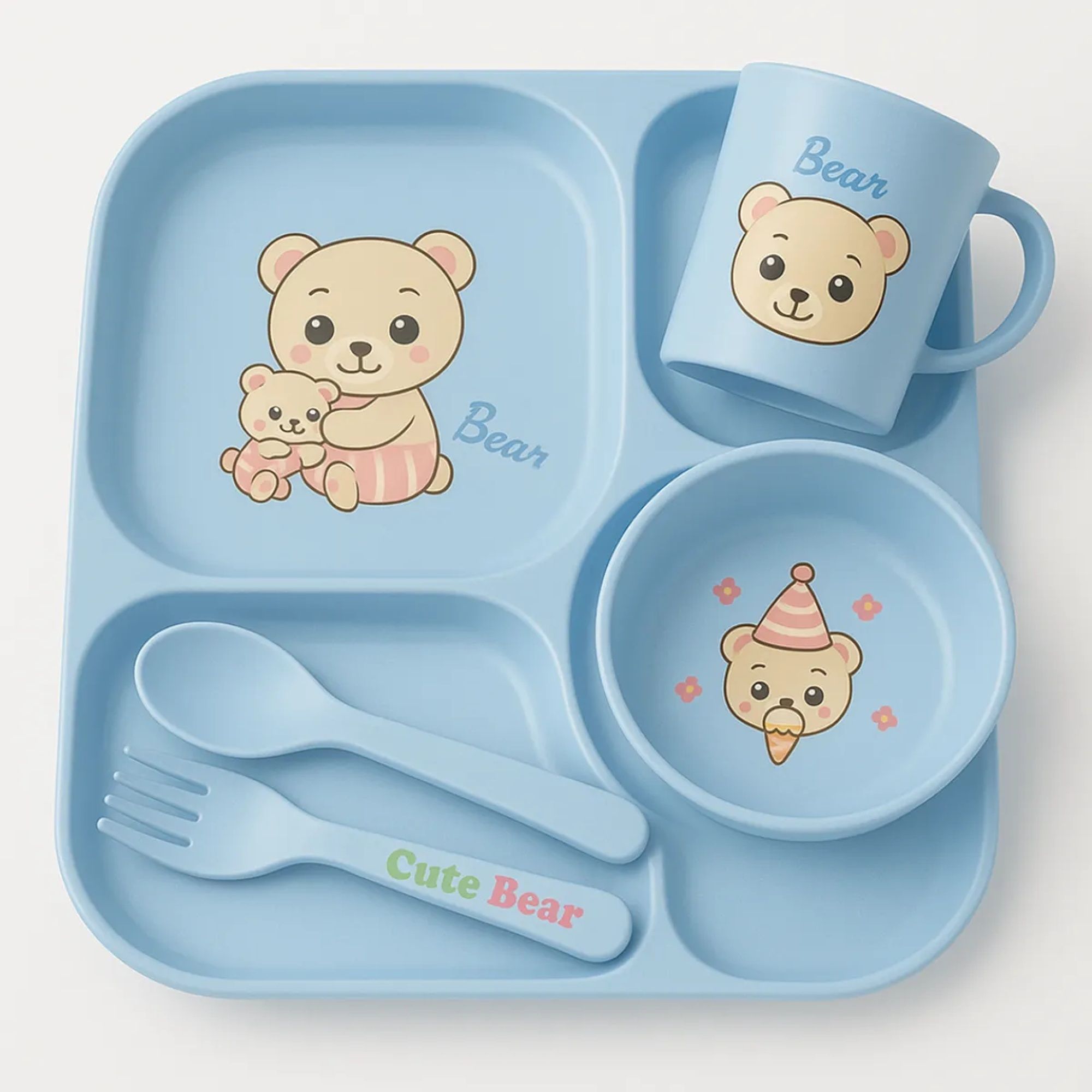 kitchenstylo Plastic Cute Bear Baby Feeding Set – Pack of 5 (Blue) Dinner Set-picture-23