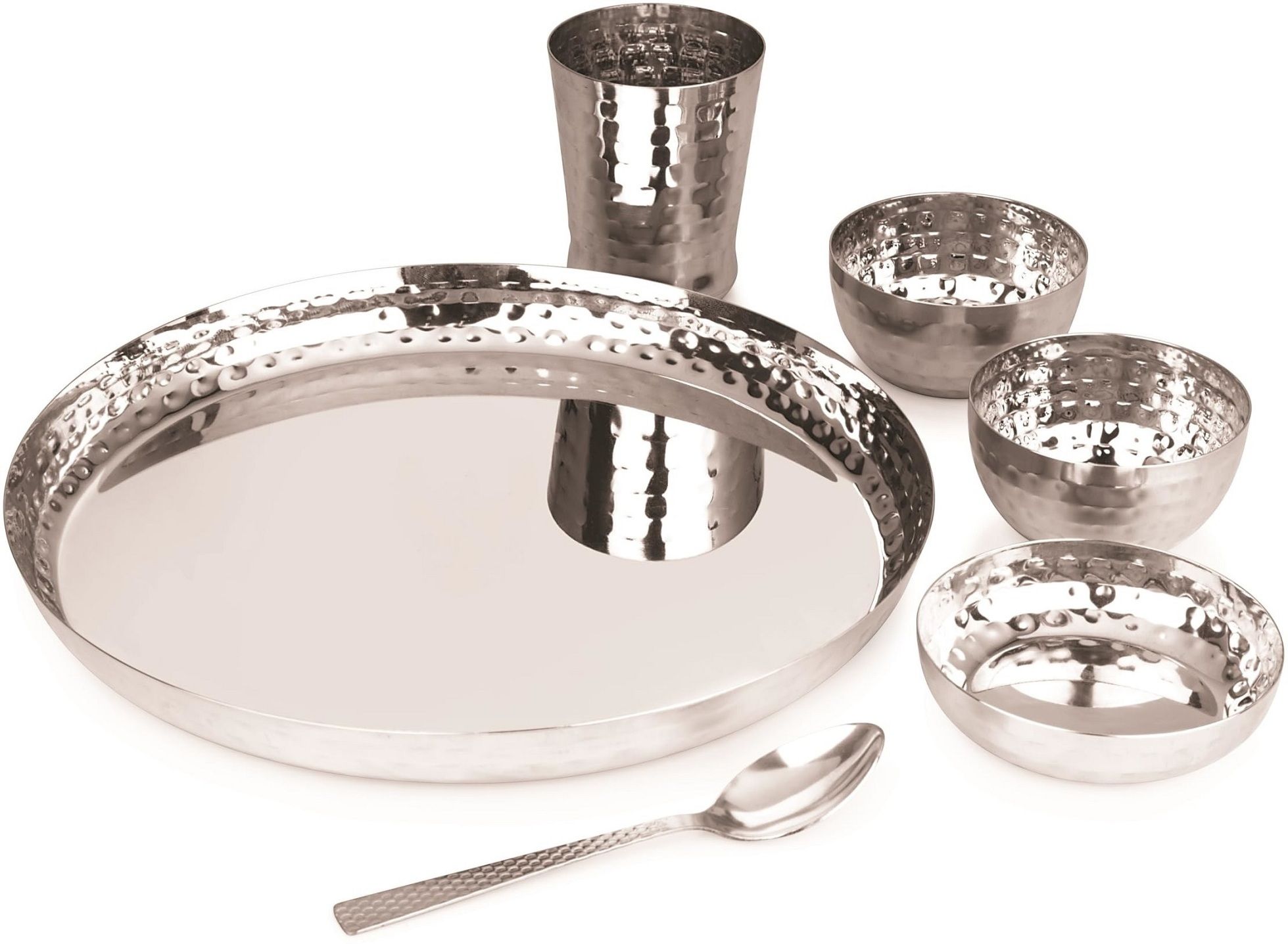 Pack of 6 Stainless Steel Royal Hammer Steel Dinner Set With 1 Thali, 1 Dish, 2 Bowls, 1 Spoon & 1 Glass Dinner Set-image-41