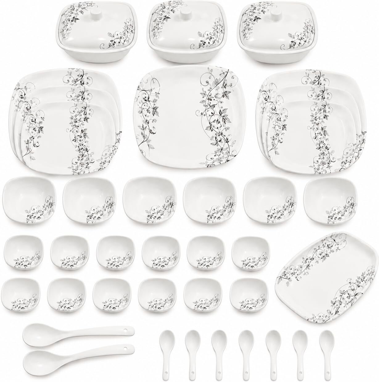 Pack of 40 Melamin Flora Grace Melamine Dinner Set | White with Black Floral Design | Serving Dinner Set-image-17