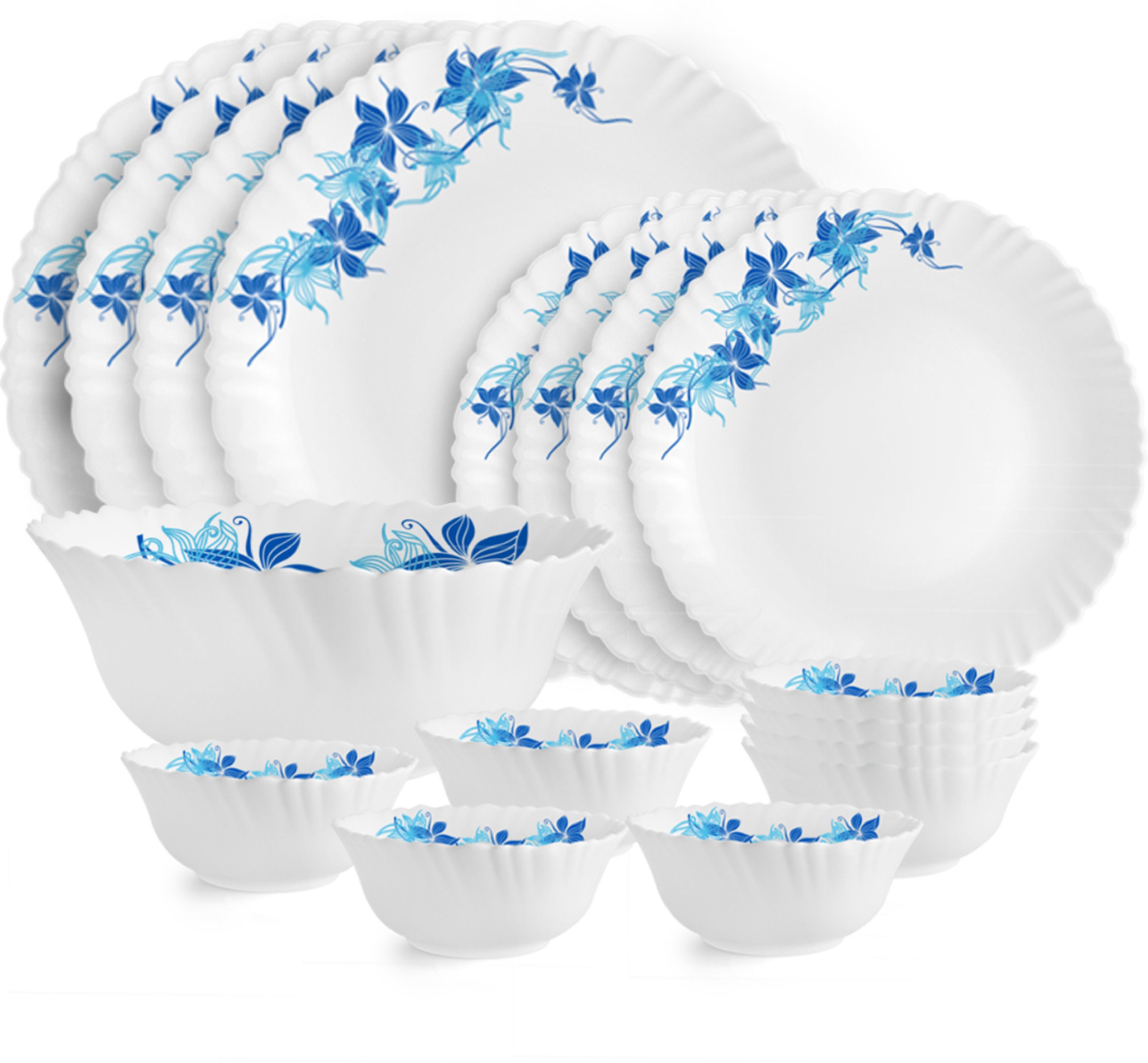 Pack of 17 Opalware Dazzle Series Blue Swirl Crockery Set | Dishwasher Safe | Light-Weight Dinner Set