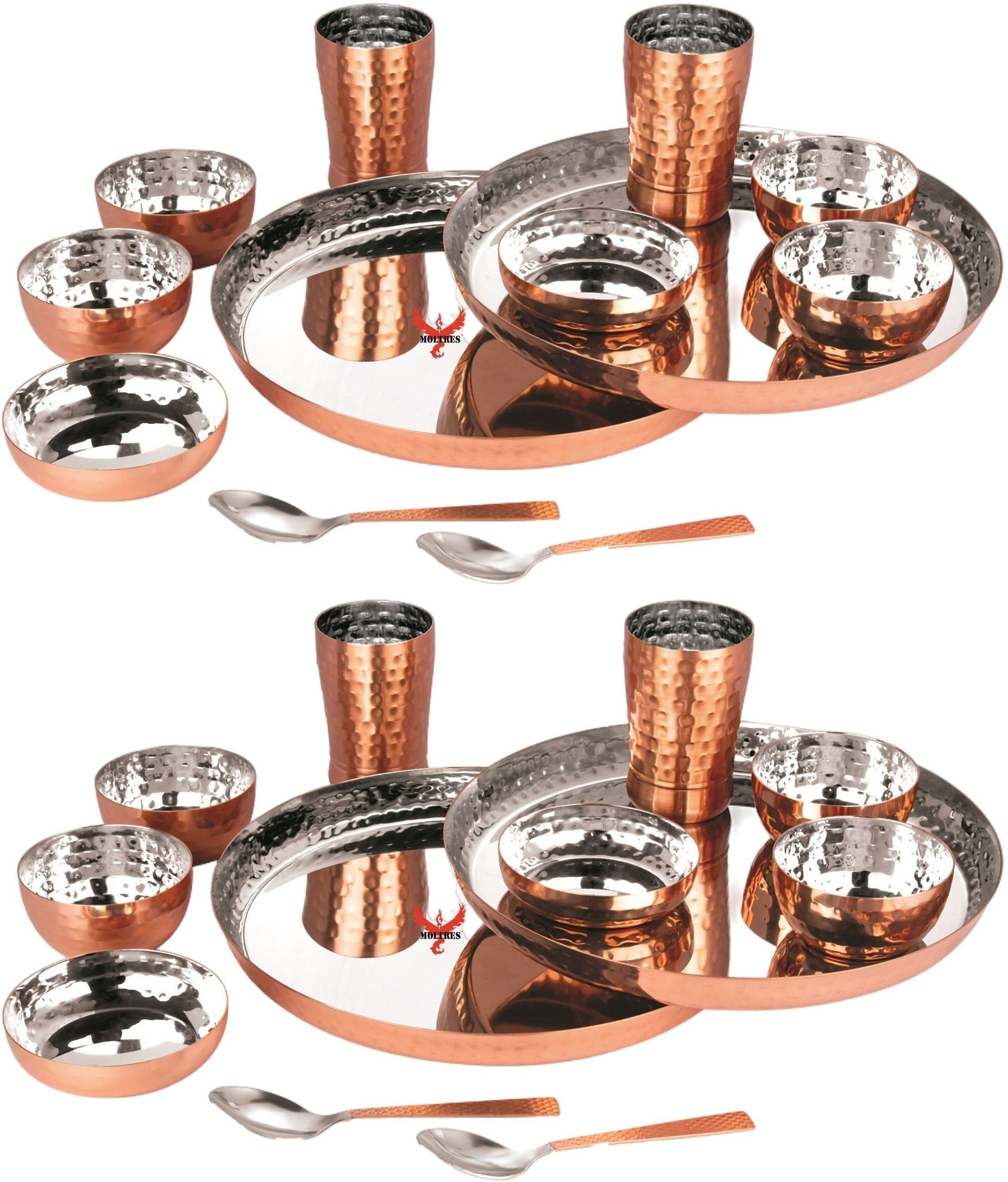 Pack of 24 Copper Royal Hammer Copper Dinner Set With 4 Thali, 4 Dish, 8 Bowls, 4 Spoon & 4 Glass Dinner Set-image-39