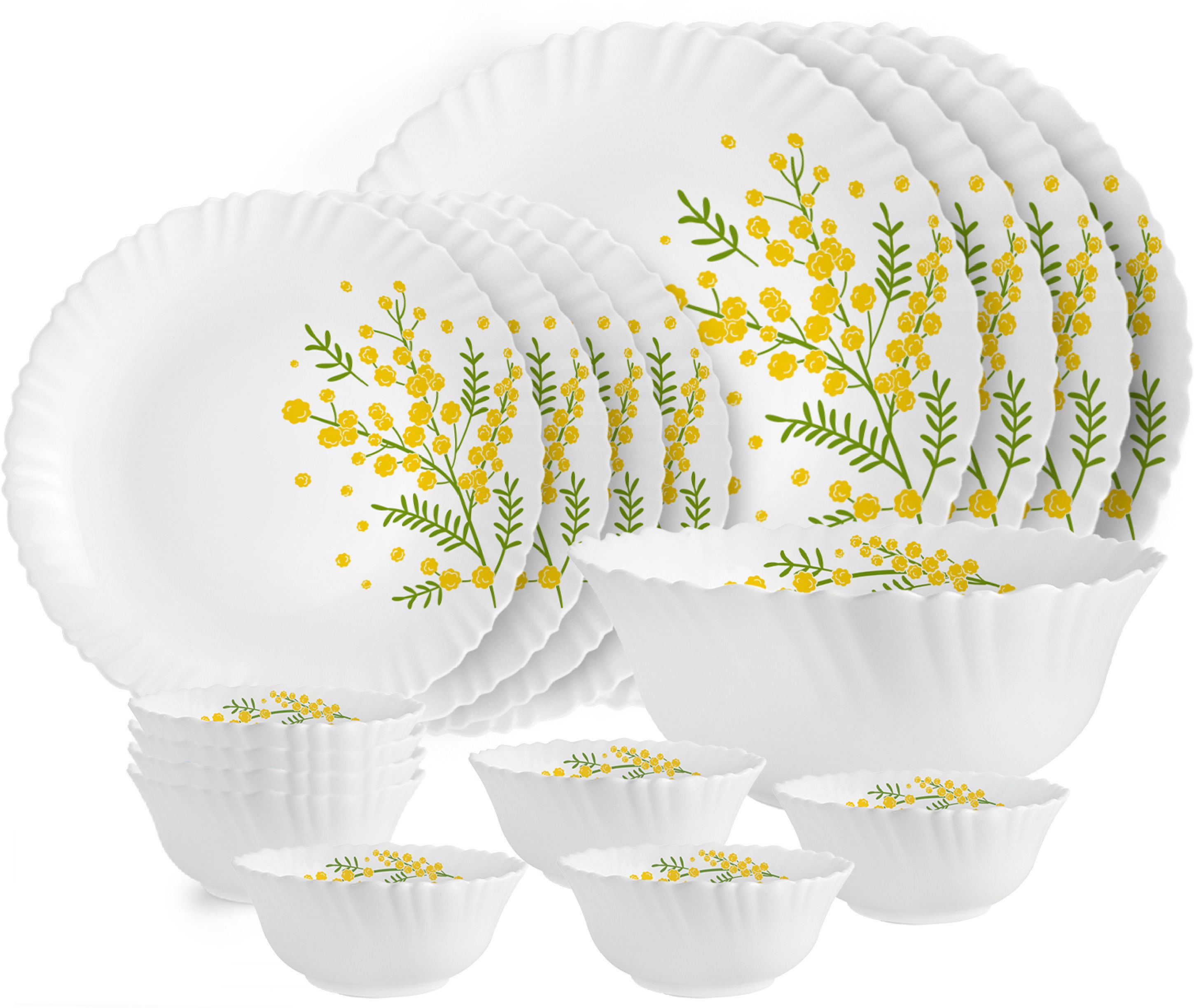 Pack of 17 Opalware Dazzle Series Girasol Crockery Set | Dishwasher Safe | Light-Weight Dinner Set