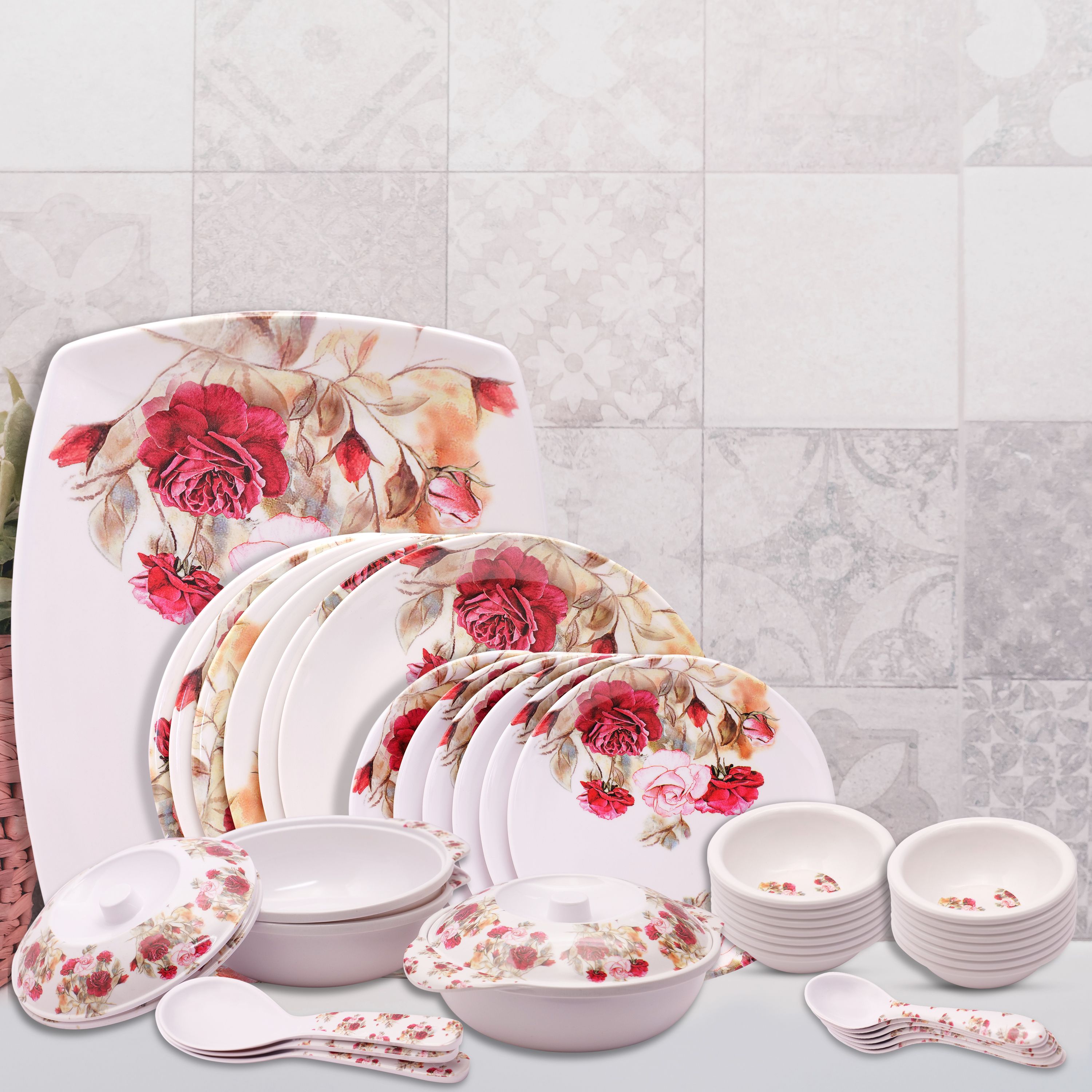 home-pro Pack of 40 Melamin Dinner set Everyday Elegant, Stain Resistant, Beautiful Red & Pink Floral Design Dinner Set-picture-47