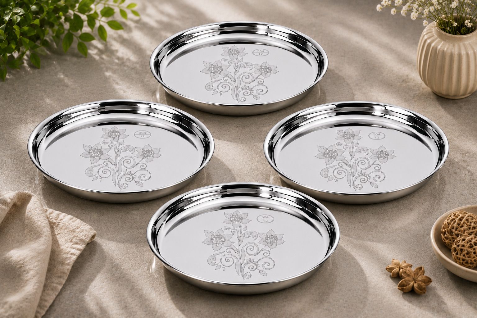 gptrade Pack of 4 Stainless Steel Premium Dinnerware Plate set of 4 plates | Mirror Finish | 12 Inch Dinner Set-picture-10