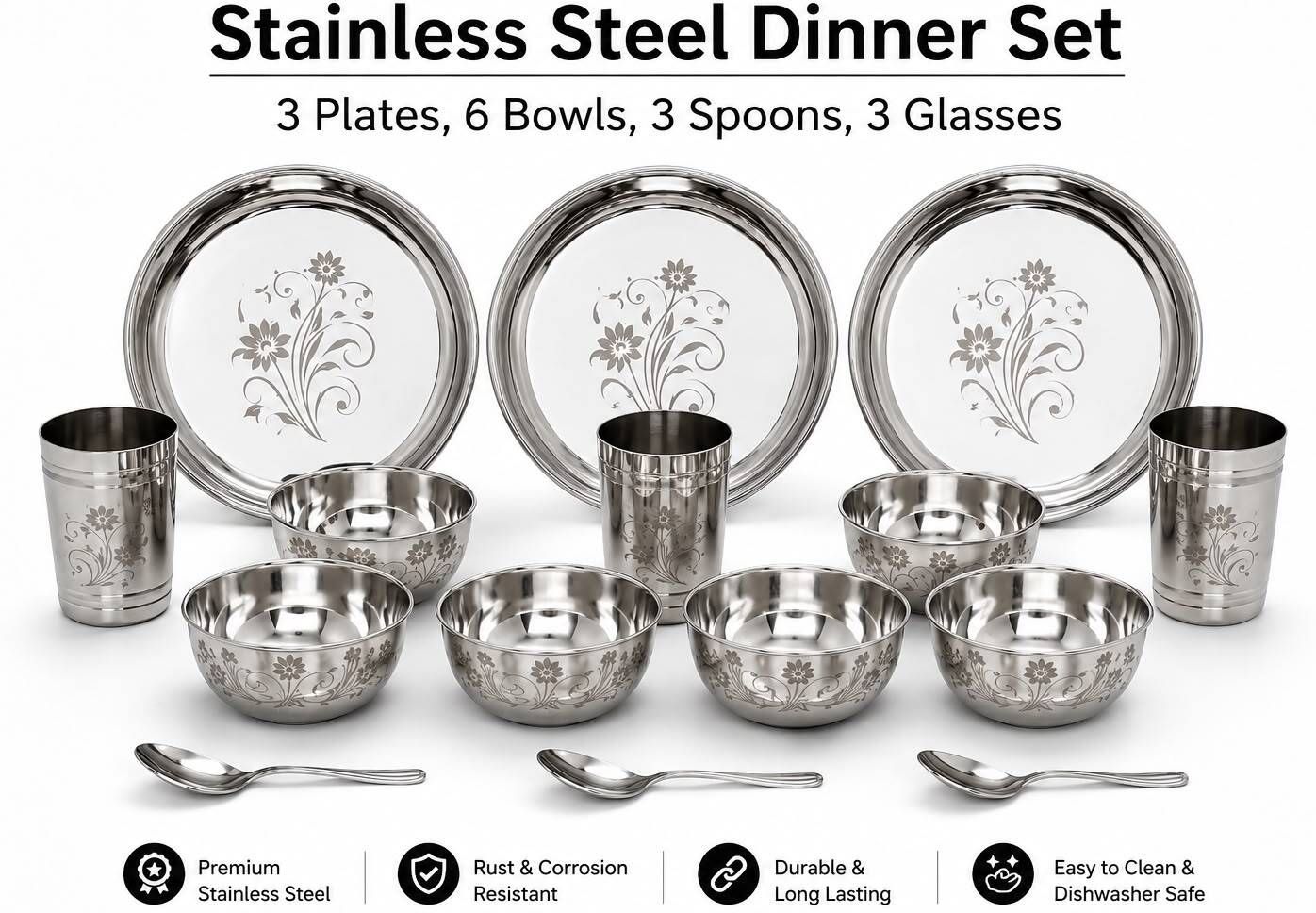 swarn bhumi Pack of 15 Stainless Steel Serves 3 People|Permanent Laser Print Dinner Set-picture-16