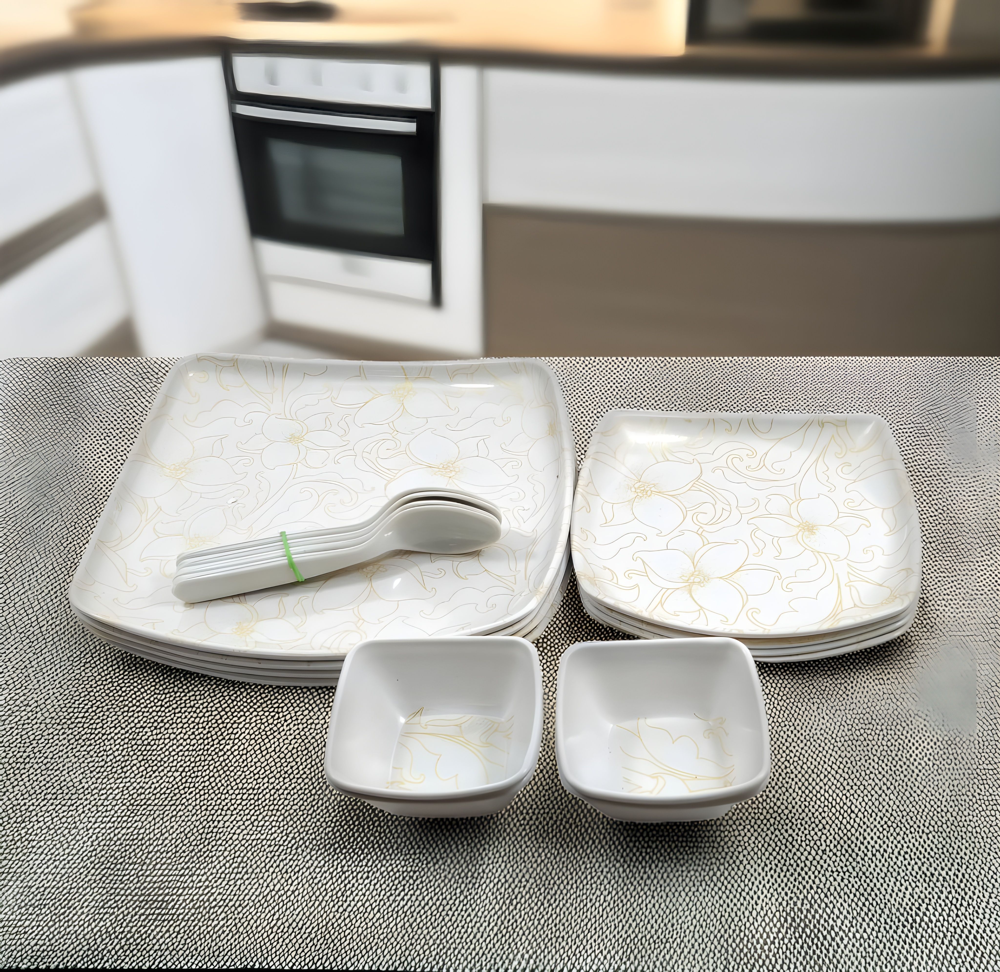 kitchrox Pack of 16 Melamin Stylish Dinnerware Contains 4 Dinner Plate, 4 Half Plates, 4 bowls, 4 Spoons Dinner Set-picture-43