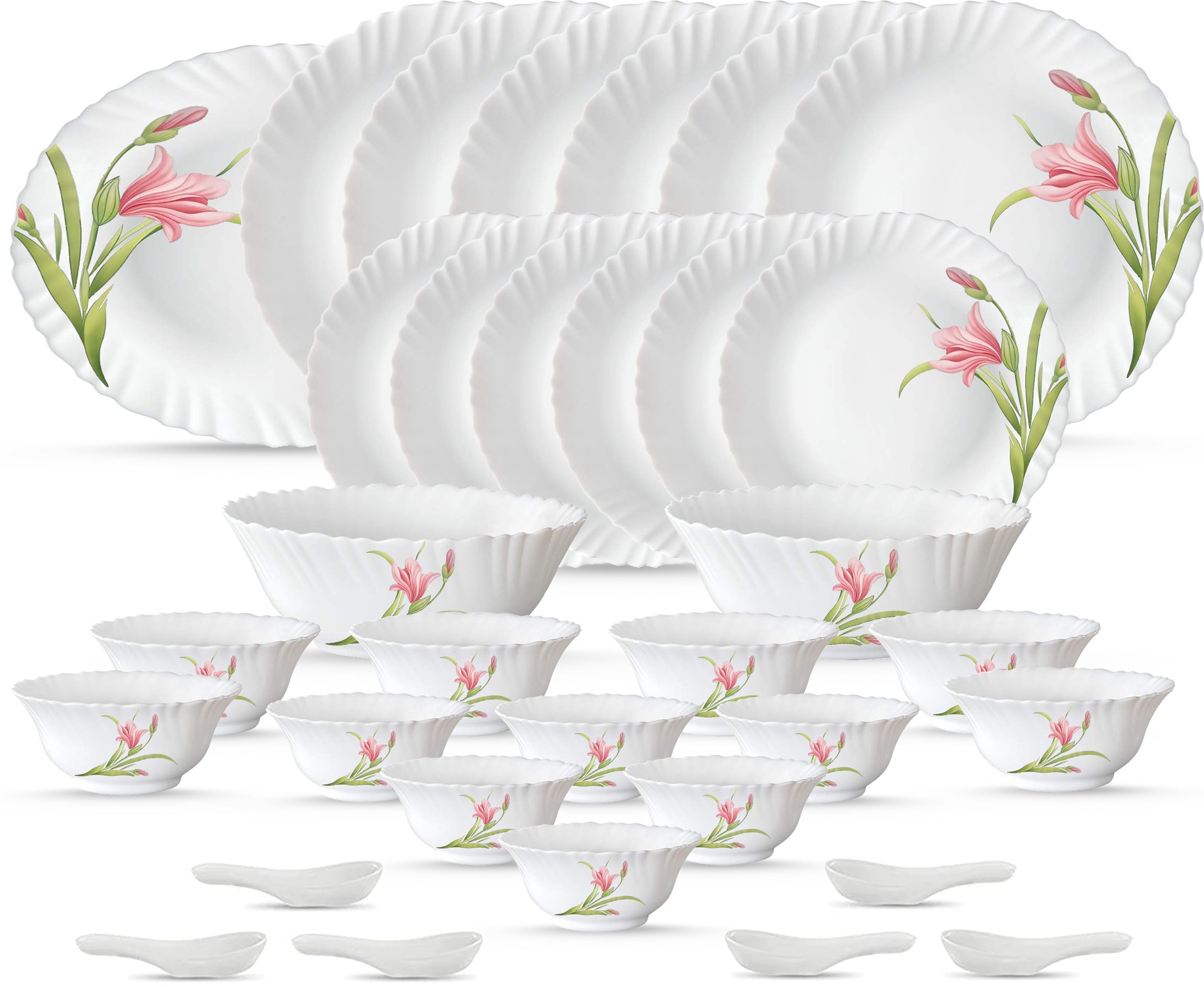 Pack of 33 Opalware Diva Classique Flaming Red super light & White, 100% Hygienic & Dishwasher safe Dinner Set-image-22