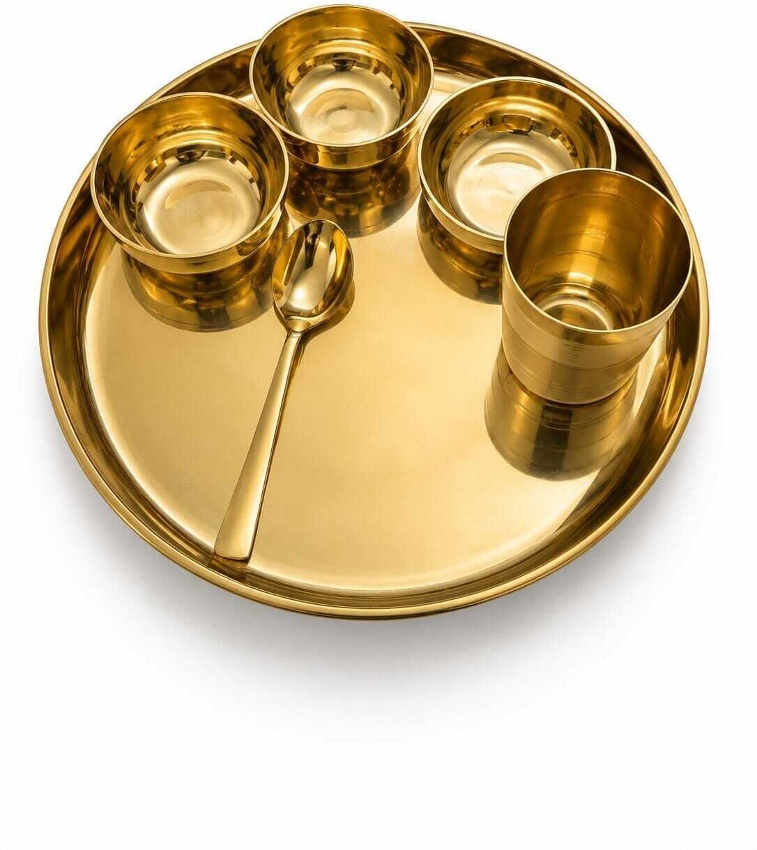 Pack of 6 Brass Premium Kansa Thali Set with Bowl, Glass & Spoon | Traditional Bronze Dinnerware Dinner Set-image-31