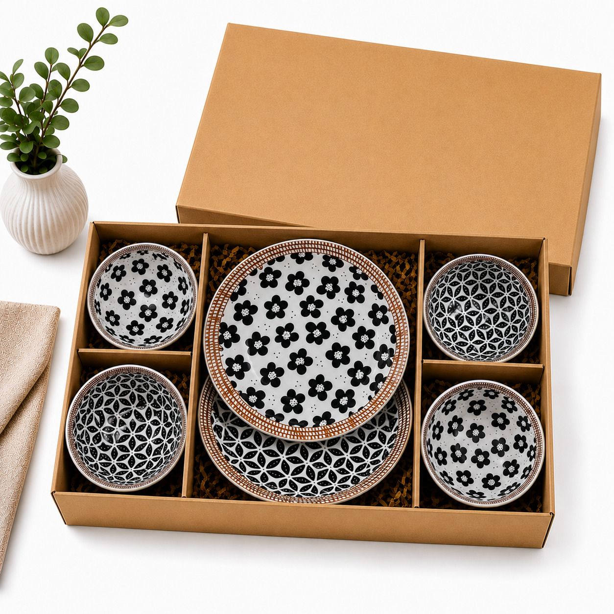 Ceramic Ceramic Dinner Set 6 Pieces Floral & Geometric Design Gift Box Microwave Safe Dinner Set-image-1