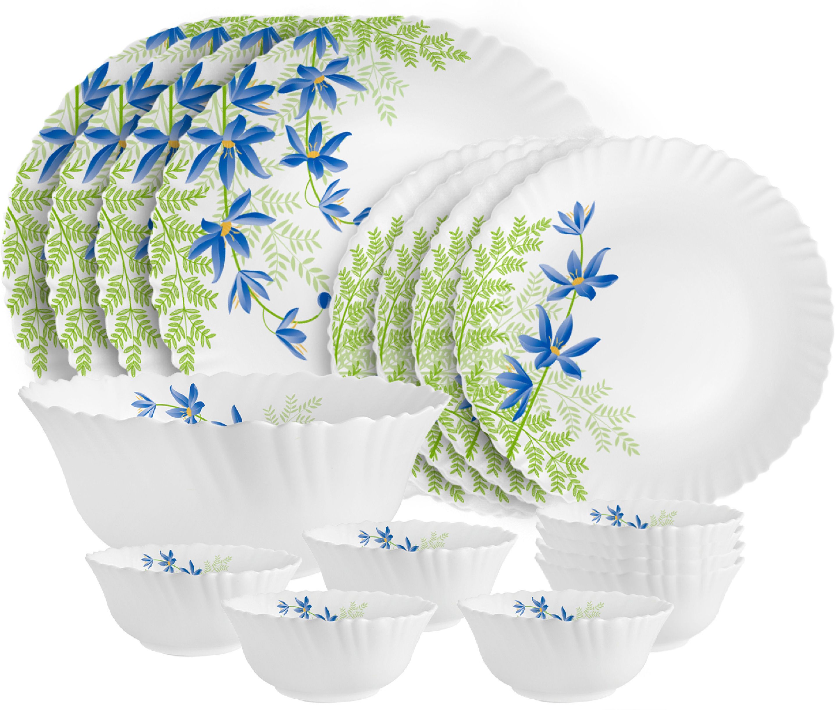 Pack of 17 Opalware Dazzle Series Blue Primrose Crockery Set |Dishwasher Safe|Light-Weight Dinner Set