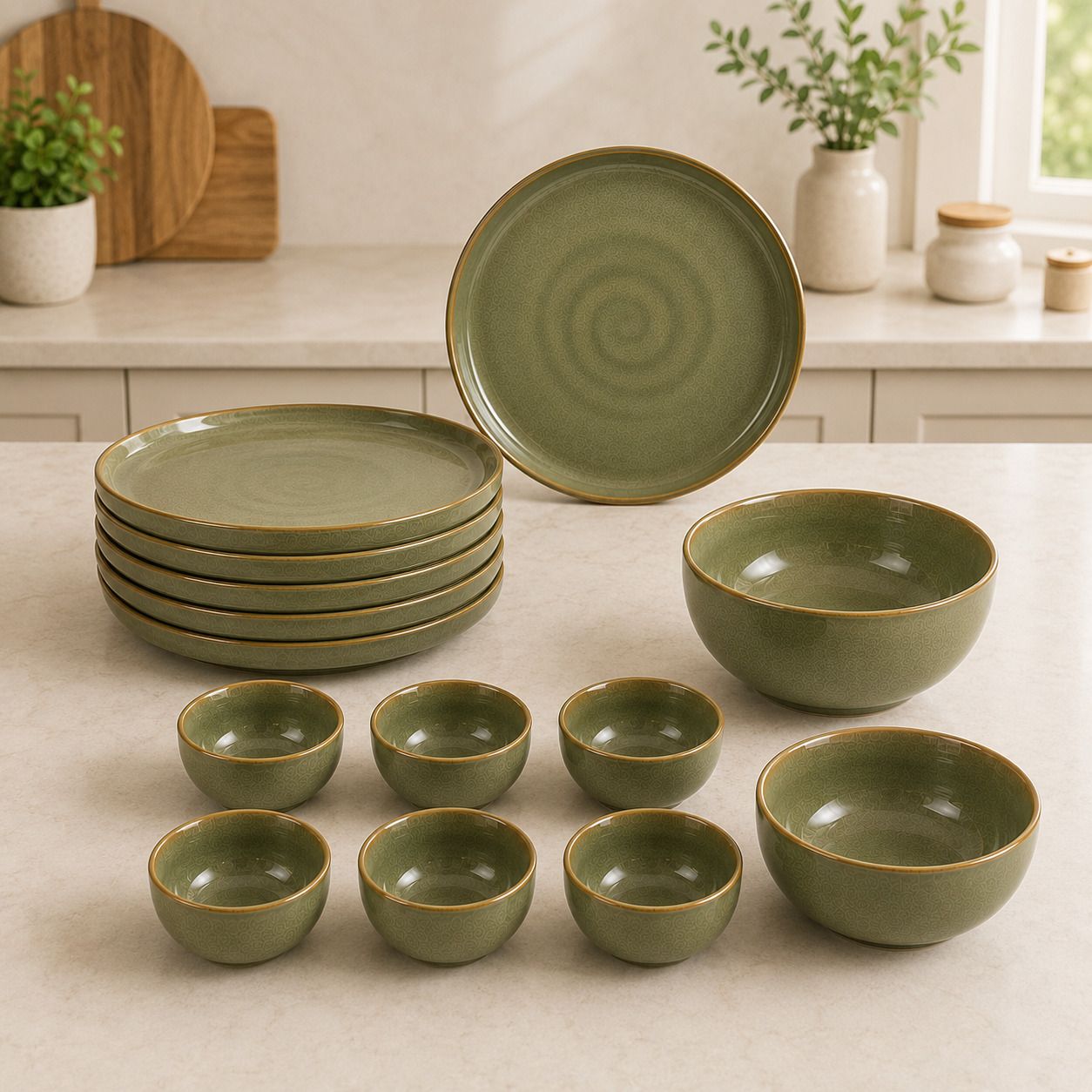nestcase Pack of 14 Ceramic Stoneware Dinner Set | 6 Plates, 6 Bowls & 2 Serving Bowls | Olive Green Dinner Set-picture-23