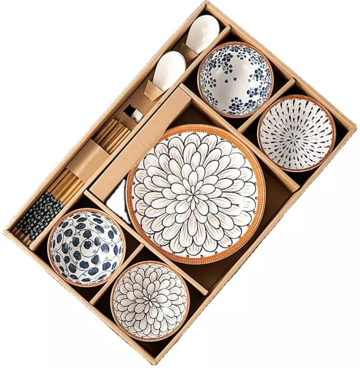 kankuwar Pack of 14 Ceramic Japanese Style Ceramic Bowl and Plate Set for Ramen Sushi Rice Soup Serving Dinner Set-picture-22