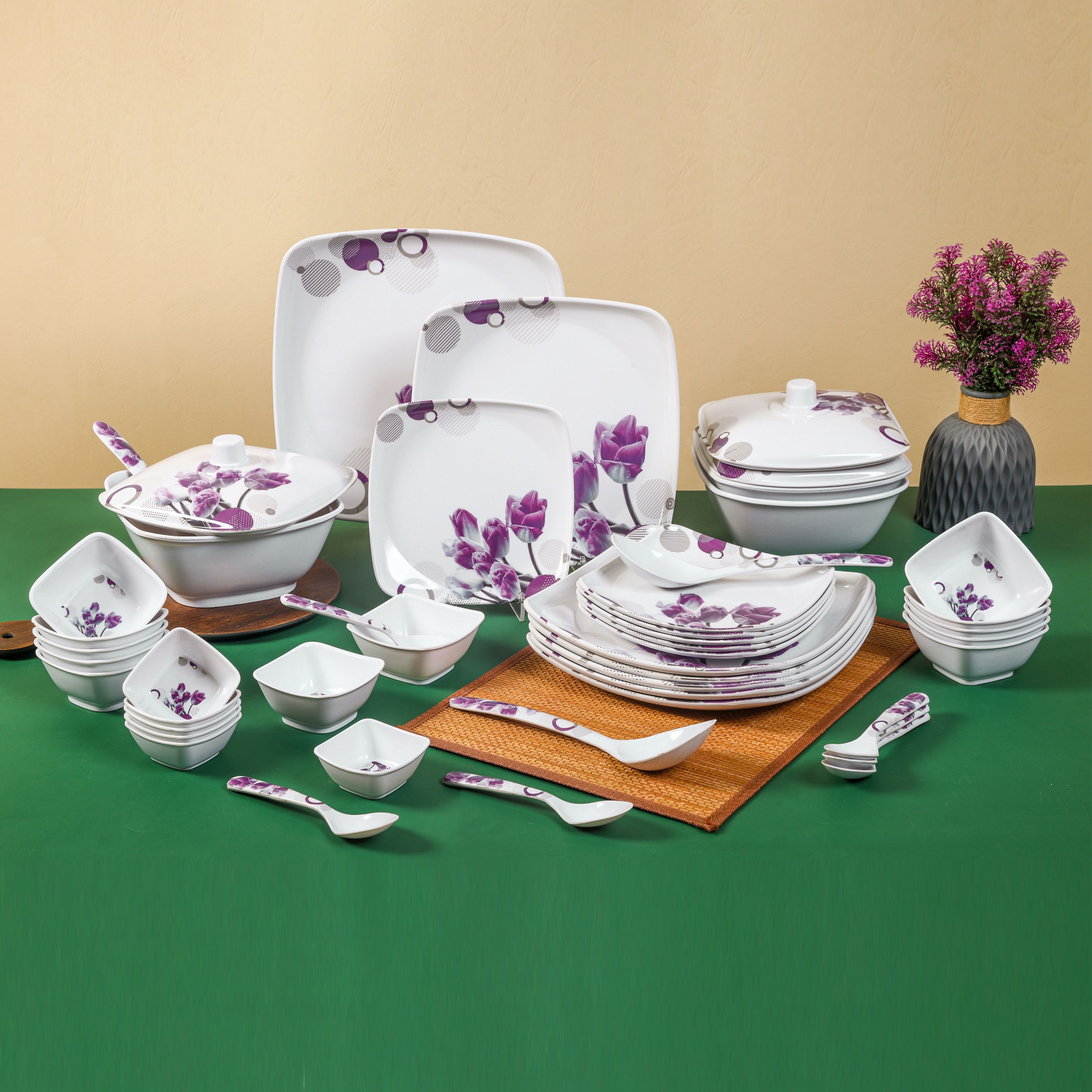 Pack of 46 Melamin City gold Purple poppy printed premium quality square shape Dinner Set-image-28