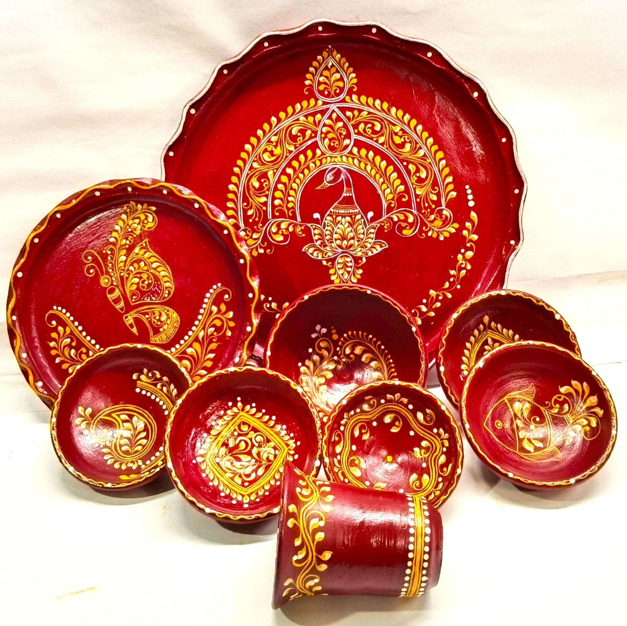Pack of 9 Terracotta, Earthenware Dinner set, Thalar set,Thali set, Aiburovat , Jonmodiner, birthday thali set Dinner Set-image-44
