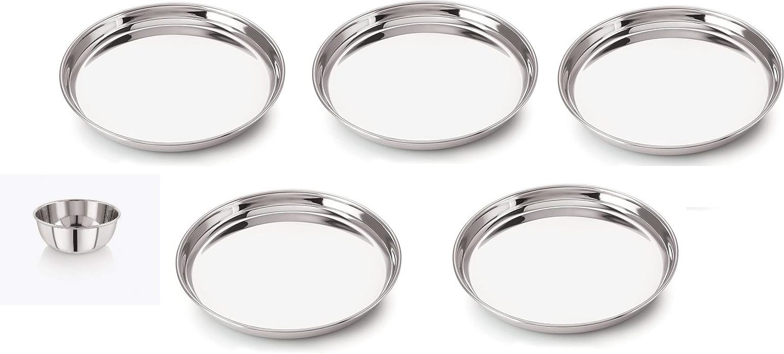 Pack of 5 Stainless Steel Steel thali Heavy Gauge Dinner Plates with Mirror Finish 30 cm Dia (18 Cm, 5) Dinner Set-image-5