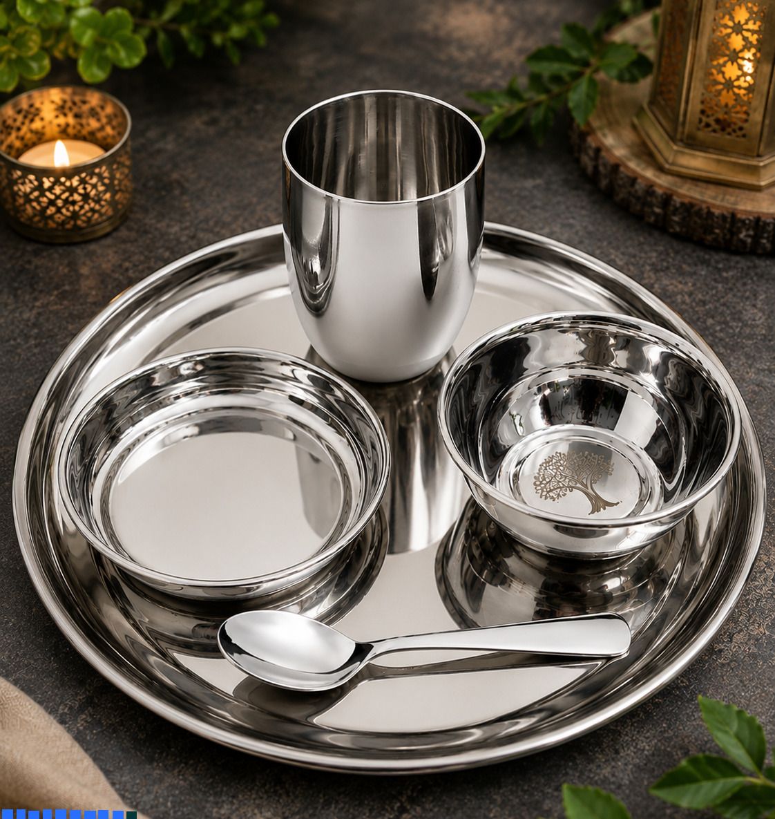 bzilo Pack of 5 Stainless Steel Premium 5 pcs Stainless Steel Dinner Set Mirror Finish Silver Dining Combo B32 Dinner Set-picture-12