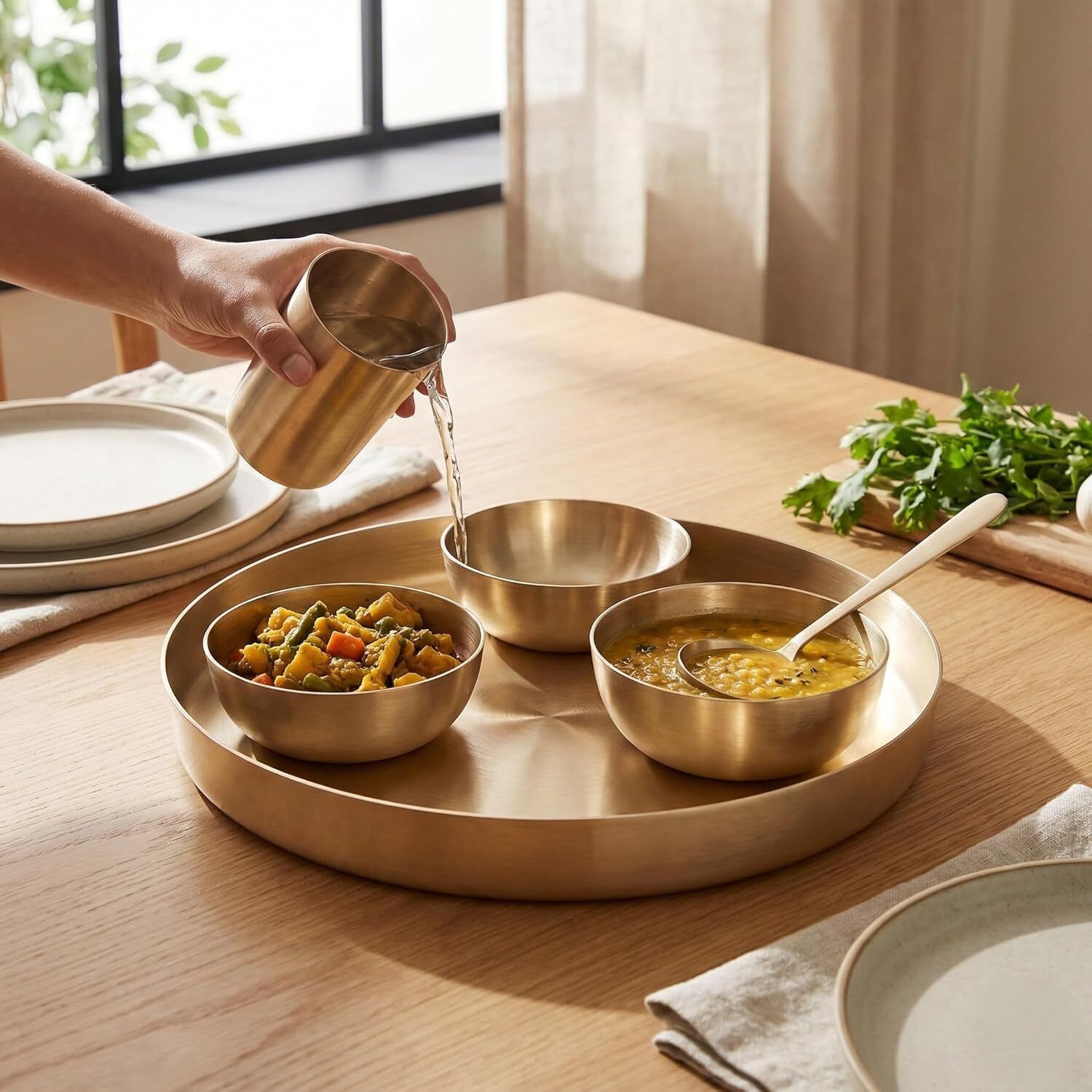 rammetals Bronze Kansa Thali Set for 6 People Traditional Bronze Dinner Set with Plate & Utensils Dinner Set-picture-33