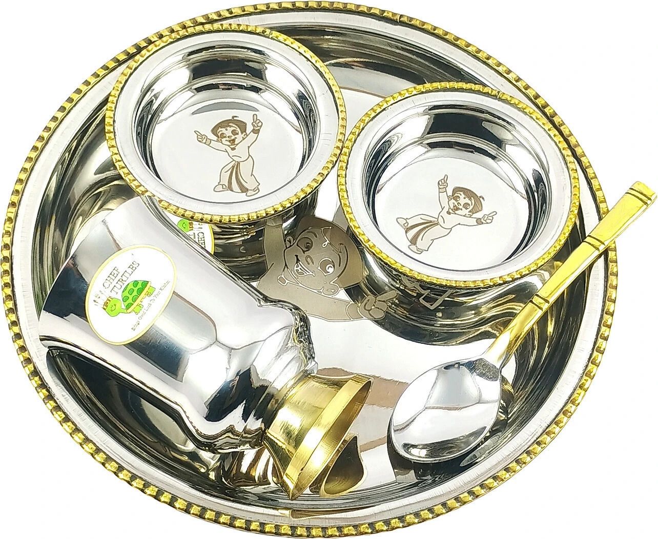 chef turtles Pack of 5 Stainless Steel Kids 5pcs Dinner Lunch Set with 2 Bowls 1 Spoon 1 Plate Glass Kids Dinner Set-picture-2