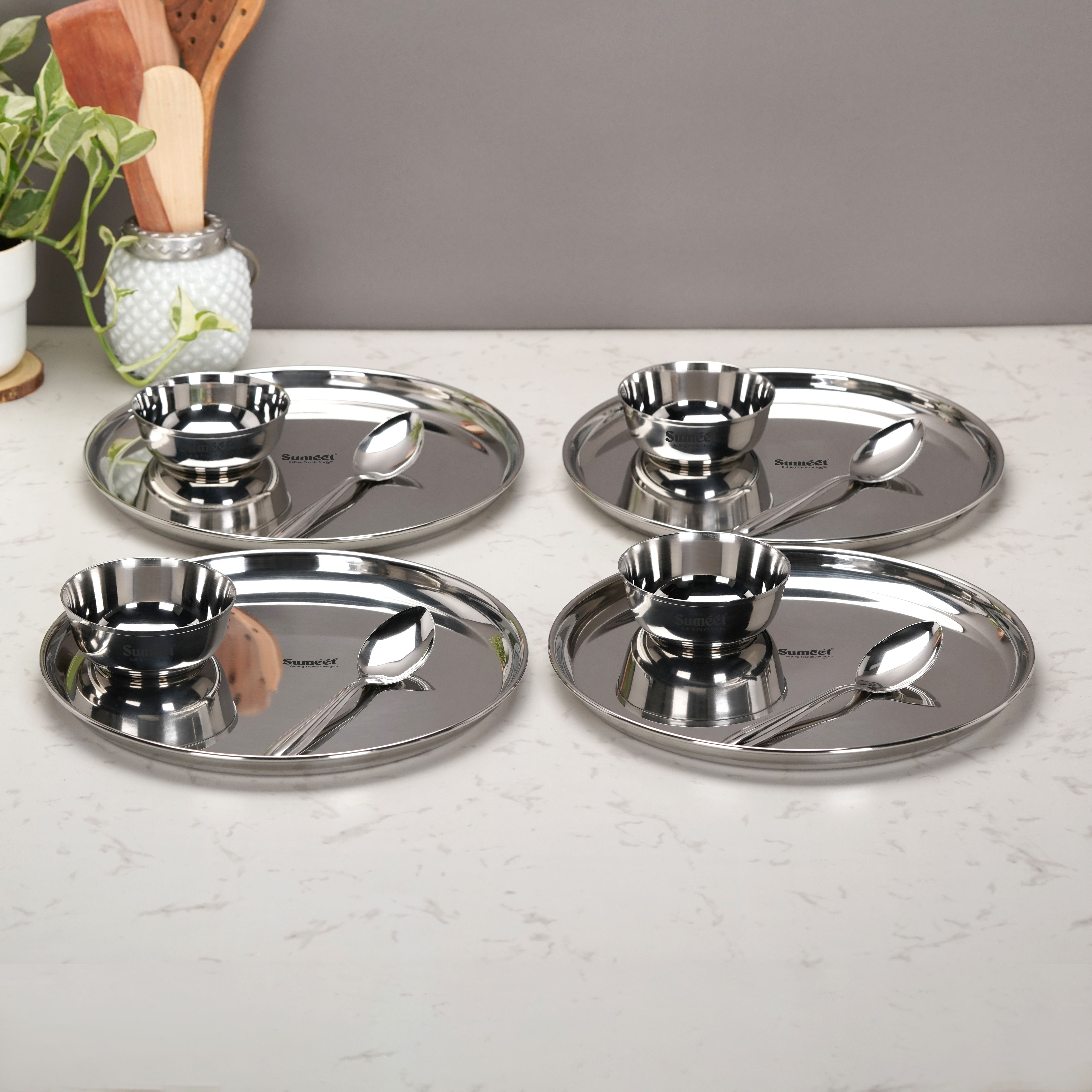 sumeet Pack of 12 Stainless Steel Stainless Steel Heavy Gauge Dinner set of 6 Pcs (2 Plate,2 Bowl,2 Spoon), Silver Dinner Set-picture-26
