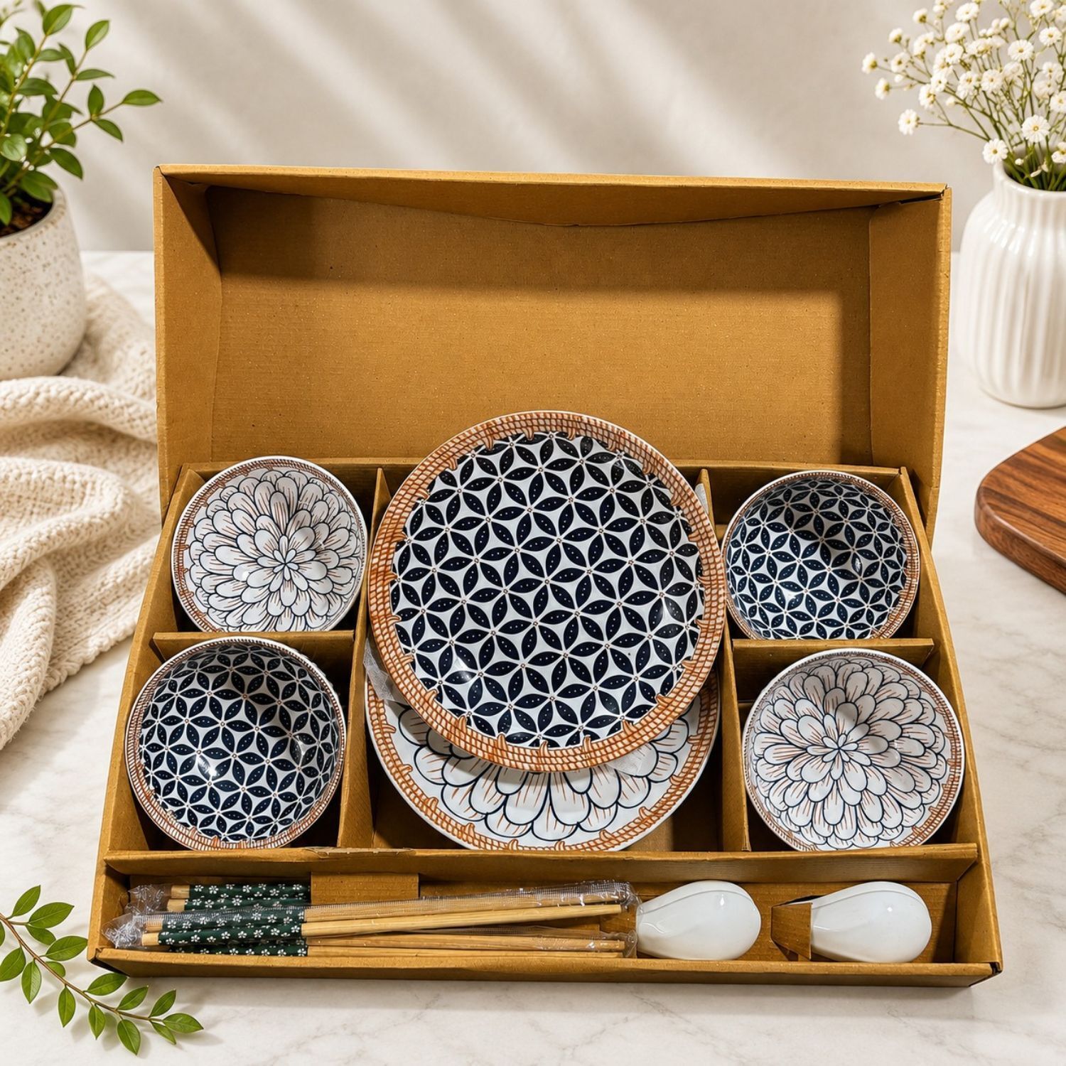 Ceramic Ceramic Dinner Set 14 Pcs Dinnerware with Bowls, Plates, Spoons & Chopsticks Dinner Set-image-1
