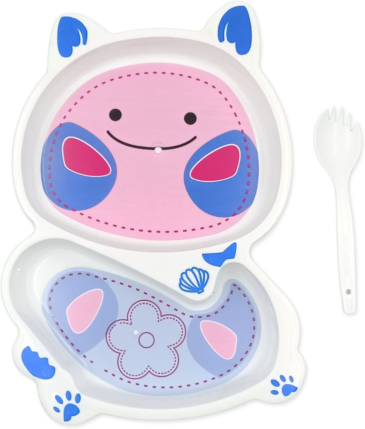 Kitty Shaped Kids Feeding Plate with White Plastic Fork Dinner Set - Plastic-image-3