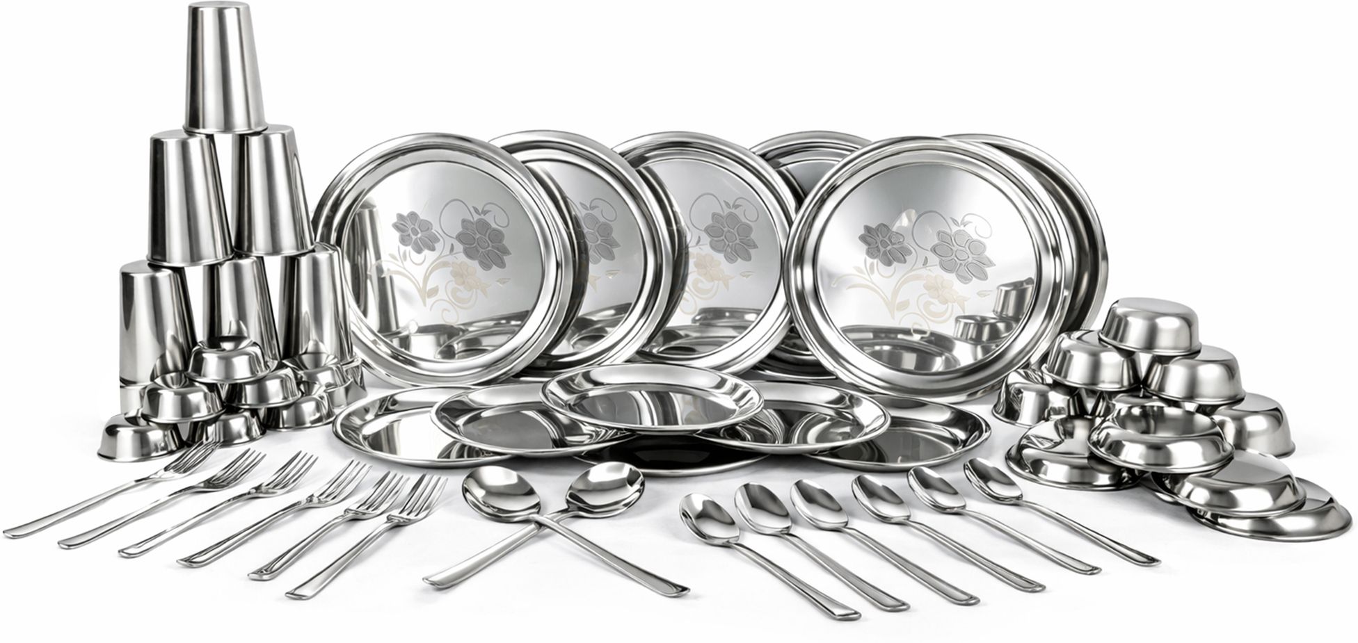 rk Pack of 50 Stainless Steel 6-Person (Floral Laser Etched) Plates,Glasses, Bowls, Cutlery, and etc. Dinner Set-picture-24
