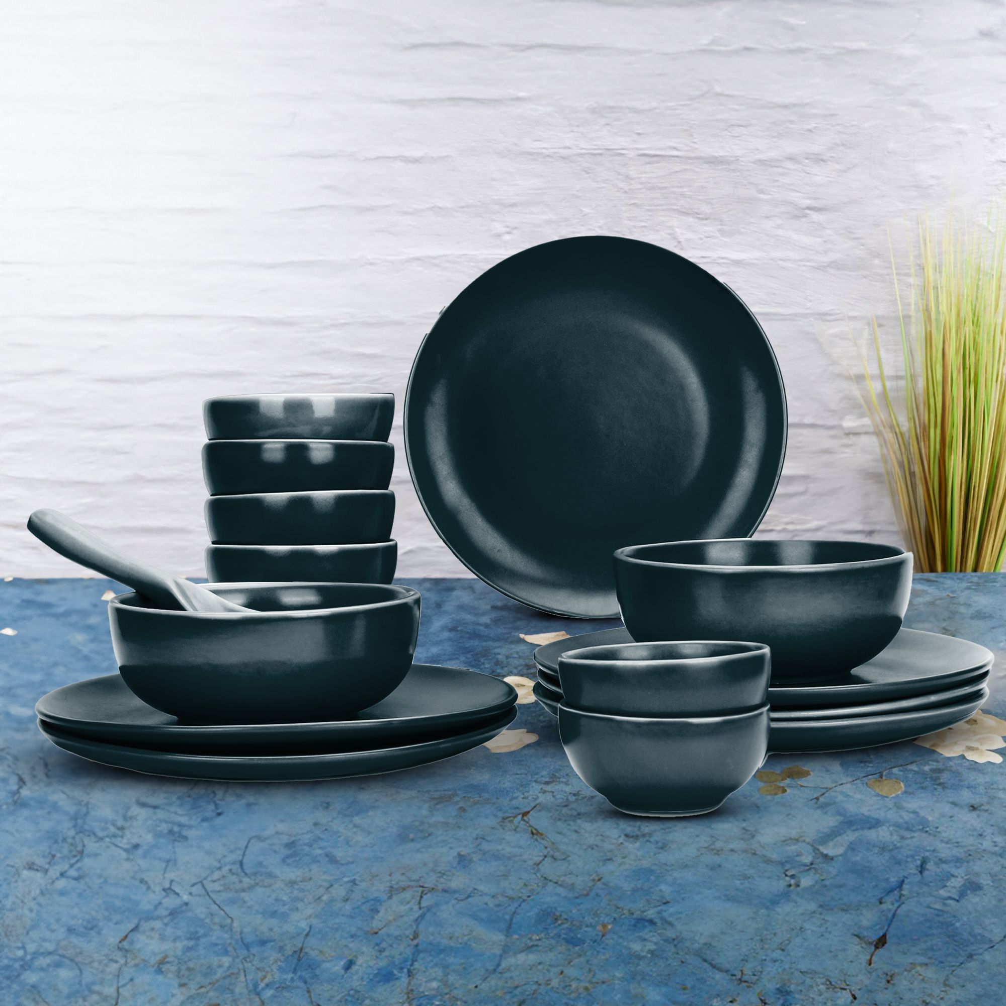 Pack of 14 Ceramic Microwave Safe Dinner Plates Bowls Sets Chip Resistant Dinnerware Sets (Green) Dinner Set-image-38