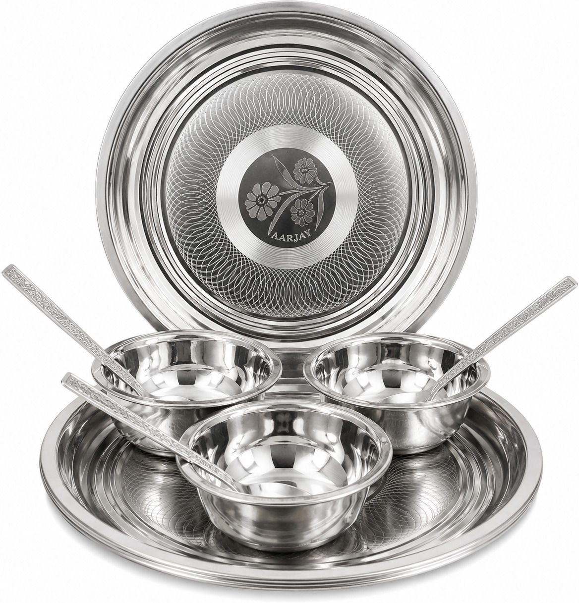 Pack of 9 Stainless Steel, Steel 3 Plate 3 bowl 3 spoon Steel Permant Laser Printed Steel Kitchen Set Dinner Set-image-4