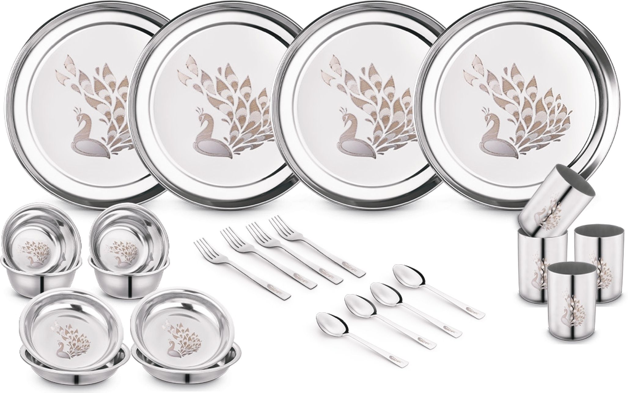 classic essentials Pack of 24 Stainless Steel Dinner Set|Serves 4 People|Heavy Gauge|Kitchen Set|Permanent Laser-Peacock Dinner Set-picture-24