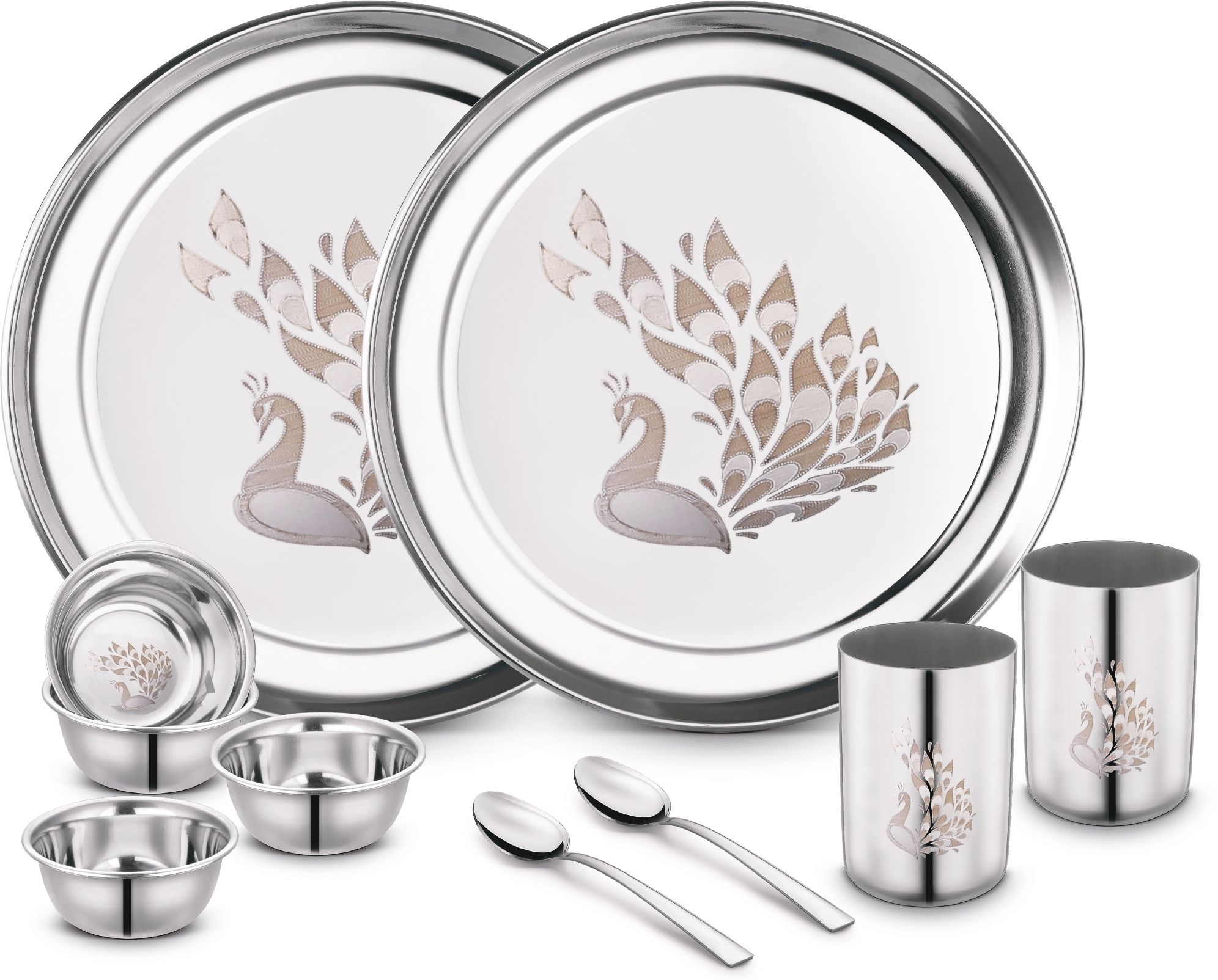 classic essentials Pack of 10 Stainless Steel Dinner Set|Serves 2 People|Heavy Gauge|Kitchen Set|Permanent Laser-Peacock Dinner Set-picture-23
