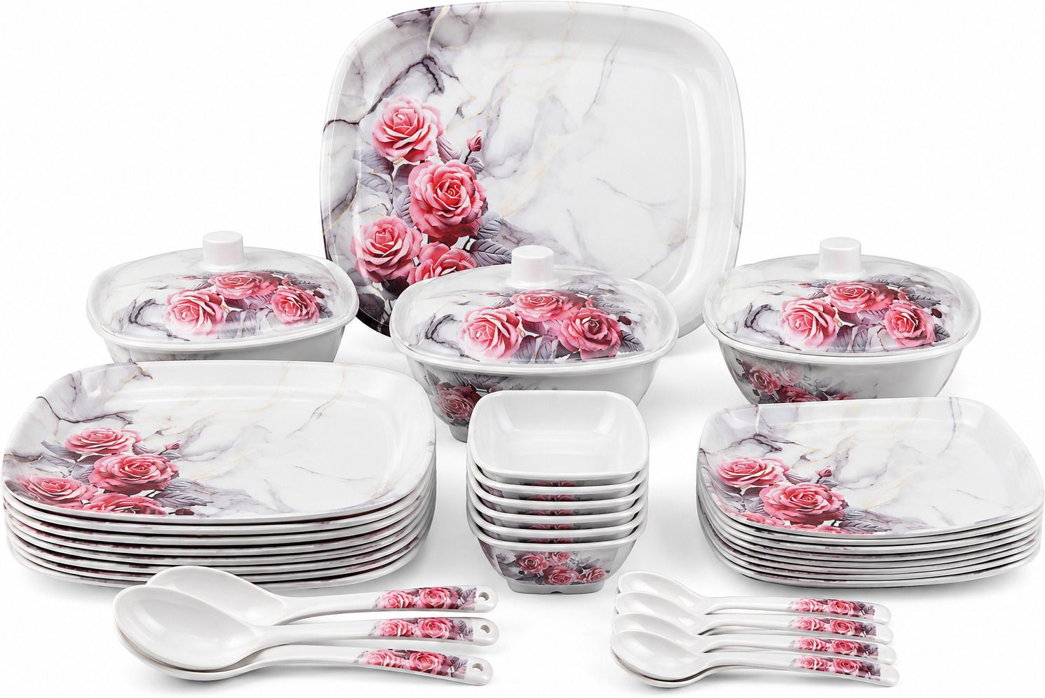 Pack of 40 Melamin Premium Porcelain Dinner Set with Plates, Bowls, Lids & Spoons Dinner Set-image-13