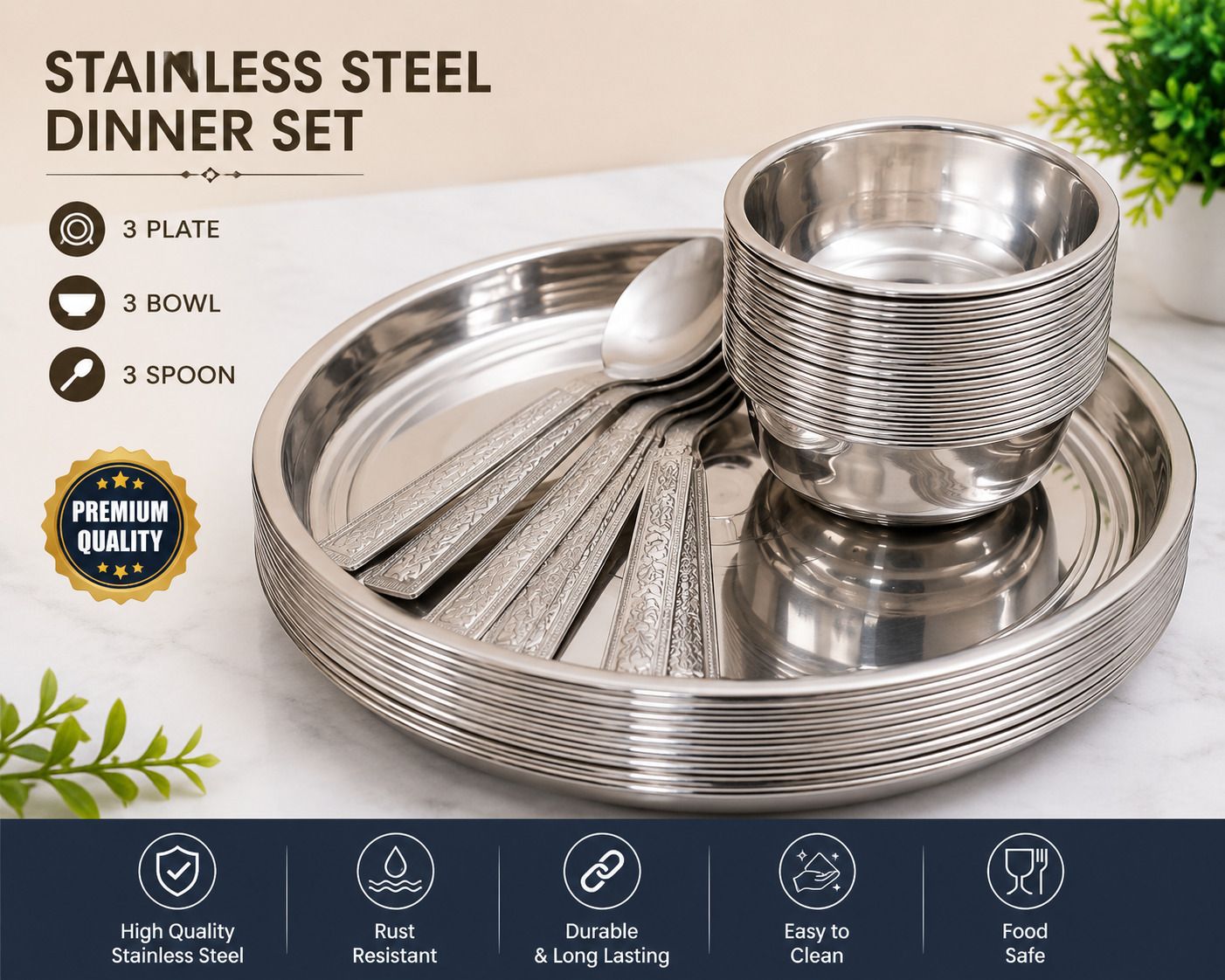 weezly Pack of 9 Stainless Steel, Steel 3 Plate 3 bowl 3 spoon Steel Laser Printed Steel Dinner Set |9 Pieces Steel Dinner Set-picture-37