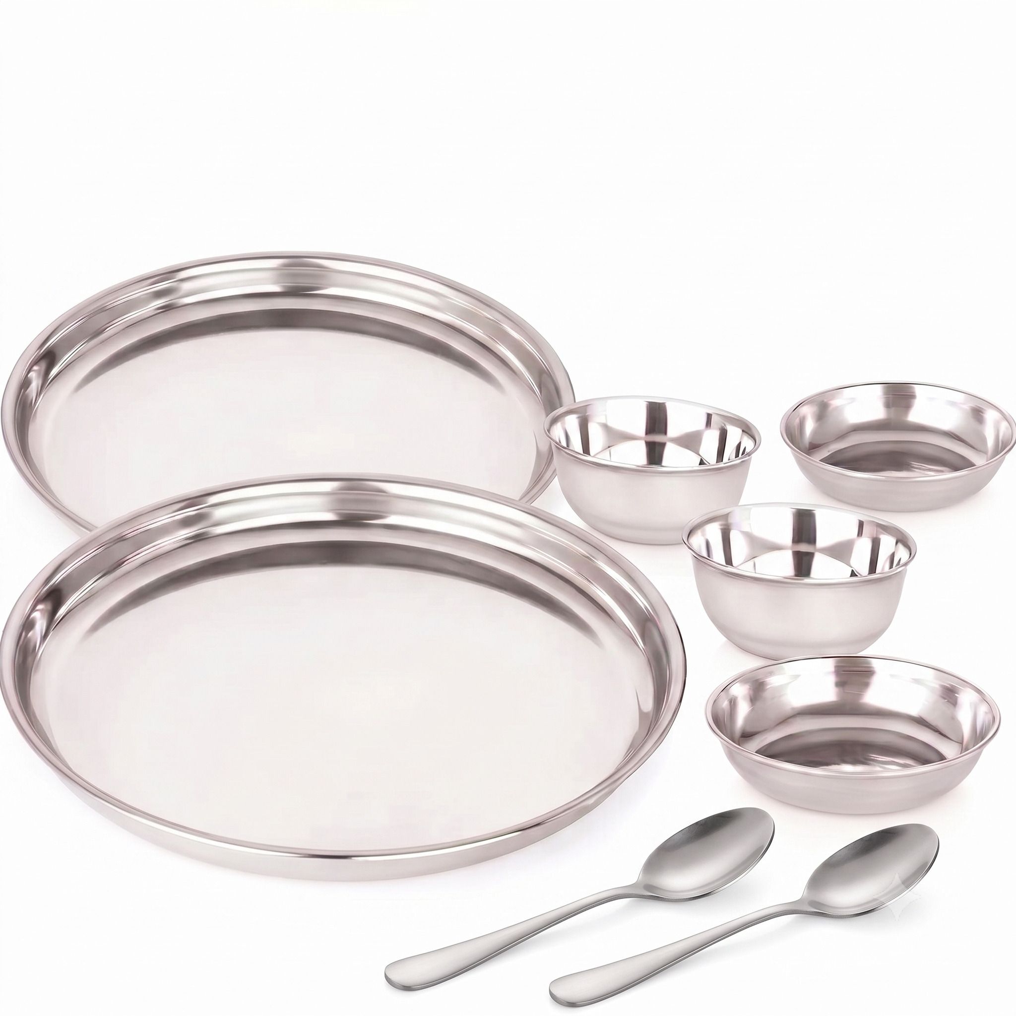 tkona Pack of 8 Stainless Steel Dinner Thali Set, Lunch, Bhojan Thali Combo of Plates, Bowls, Spoons Dinner Set-picture-42