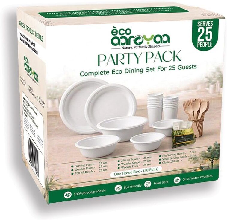 aaroyaa Pack of 25 Bamboo Biodegradable Dinnerware Combo with Cutlery, Bowls & Tissue Box (275 Pcs) Dinner Set-picture-1