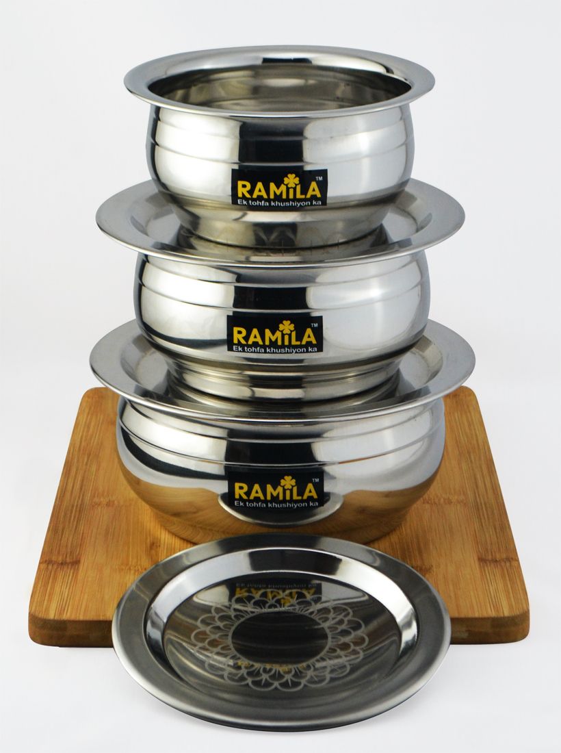 ramila Pack of 6 Stainless Steel Dinner Set Handi,Handi Set With LASER DESIGN LID(1.5-L, 1-L, 0.75-L / Capacity) Dinner Set-picture-22