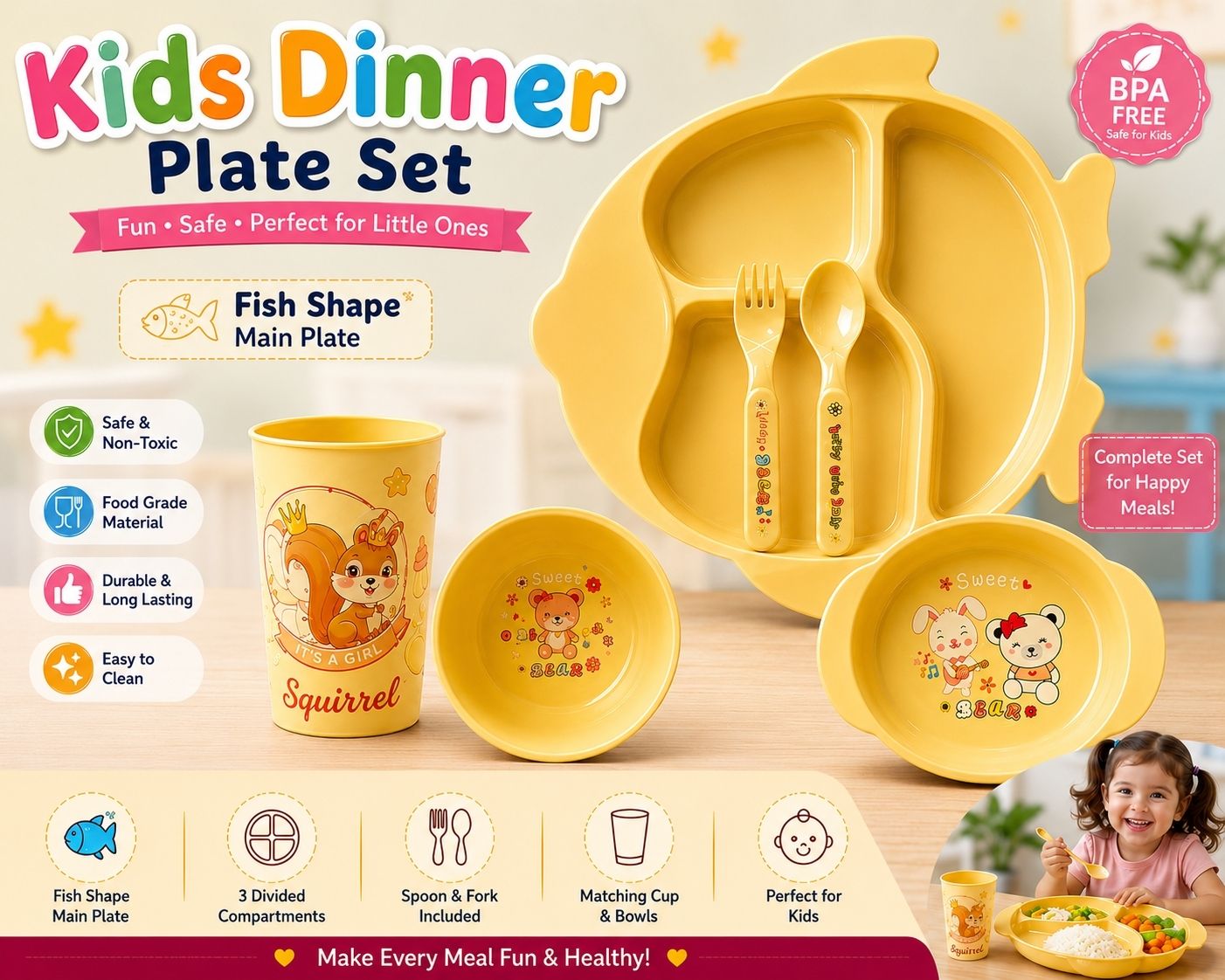 Pack of 6 Plastic Kids Dinnerware Set Stylish Fish Shape (BPA FREE) Dinner Set-image-20