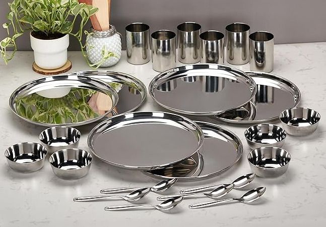 steeple Pack of 24 Stainless Steel Dinner Set Mirror Finish Set of 24 Pcs (6 Plate, 6 Bowl, 6 Glass, 6 Spoon) Dinner Set-picture-26