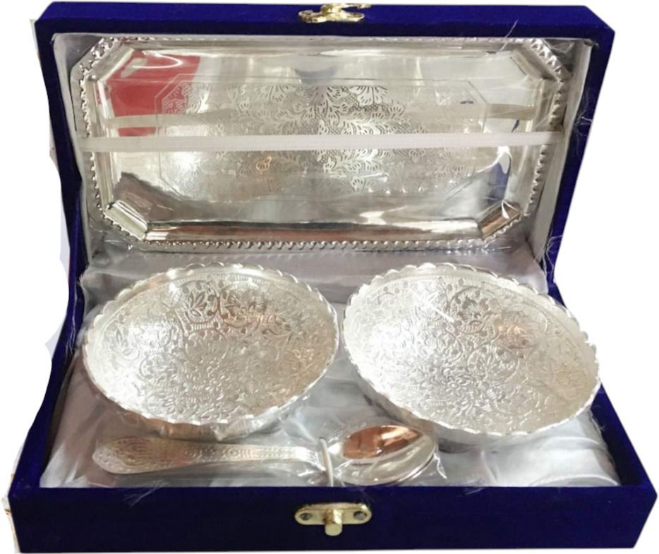Pack of 5 Silver Plated Elegant Silver-Plated 2 Bowl, 2 Spoon & 1 Tray Set with velvet box Dinner Set