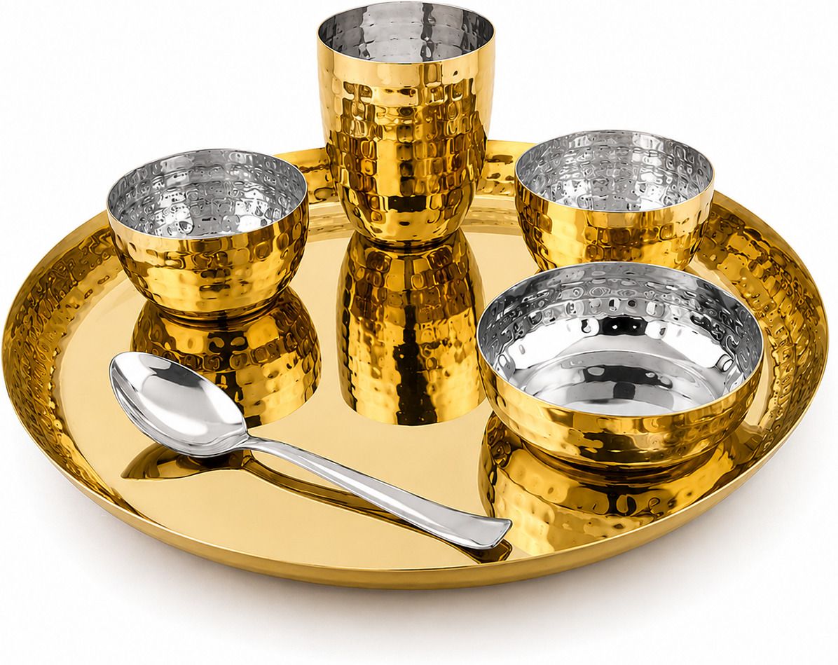 visaxmi Stainless Steel Hammered Dinner set of 6 with 1 Thali 1 Glass 2 Bowl 1 Plate & 1 Spoon Dinner Set-picture-37